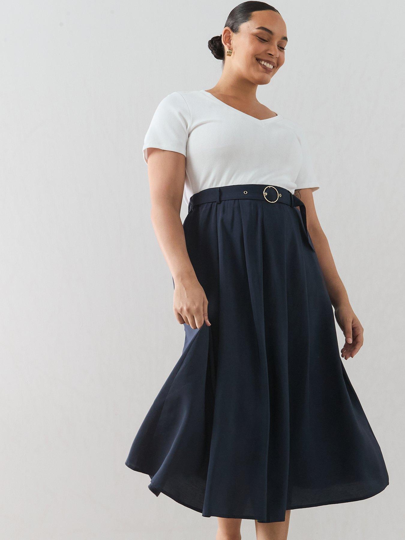 Image 6 of 6 of The Very Collection Curve 2 In 1 Belted Midi Dress - Navy/White