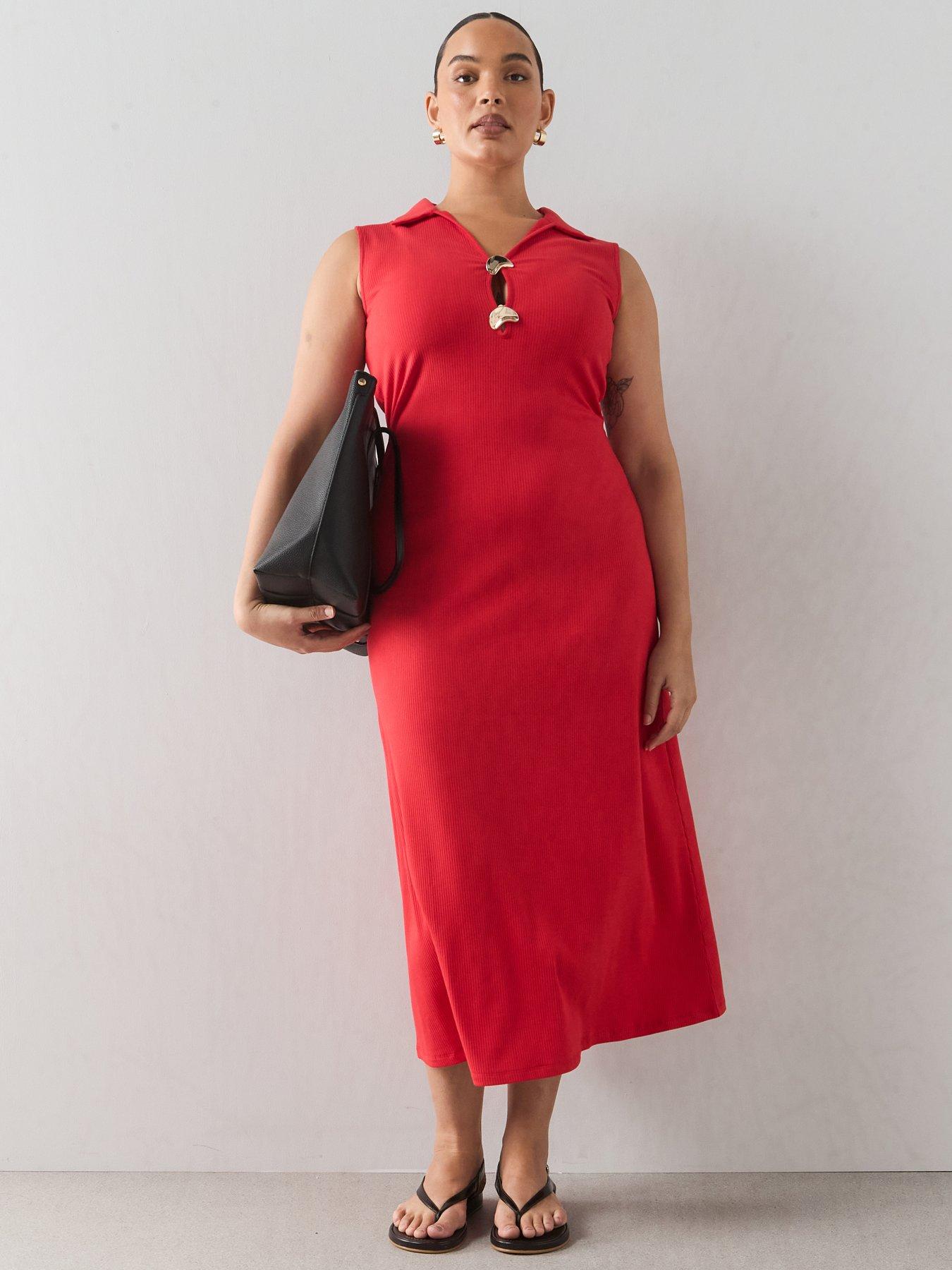 Image 1 of 6 of The Very Collection Curve Gold Trim Sleeveless Dress - Red