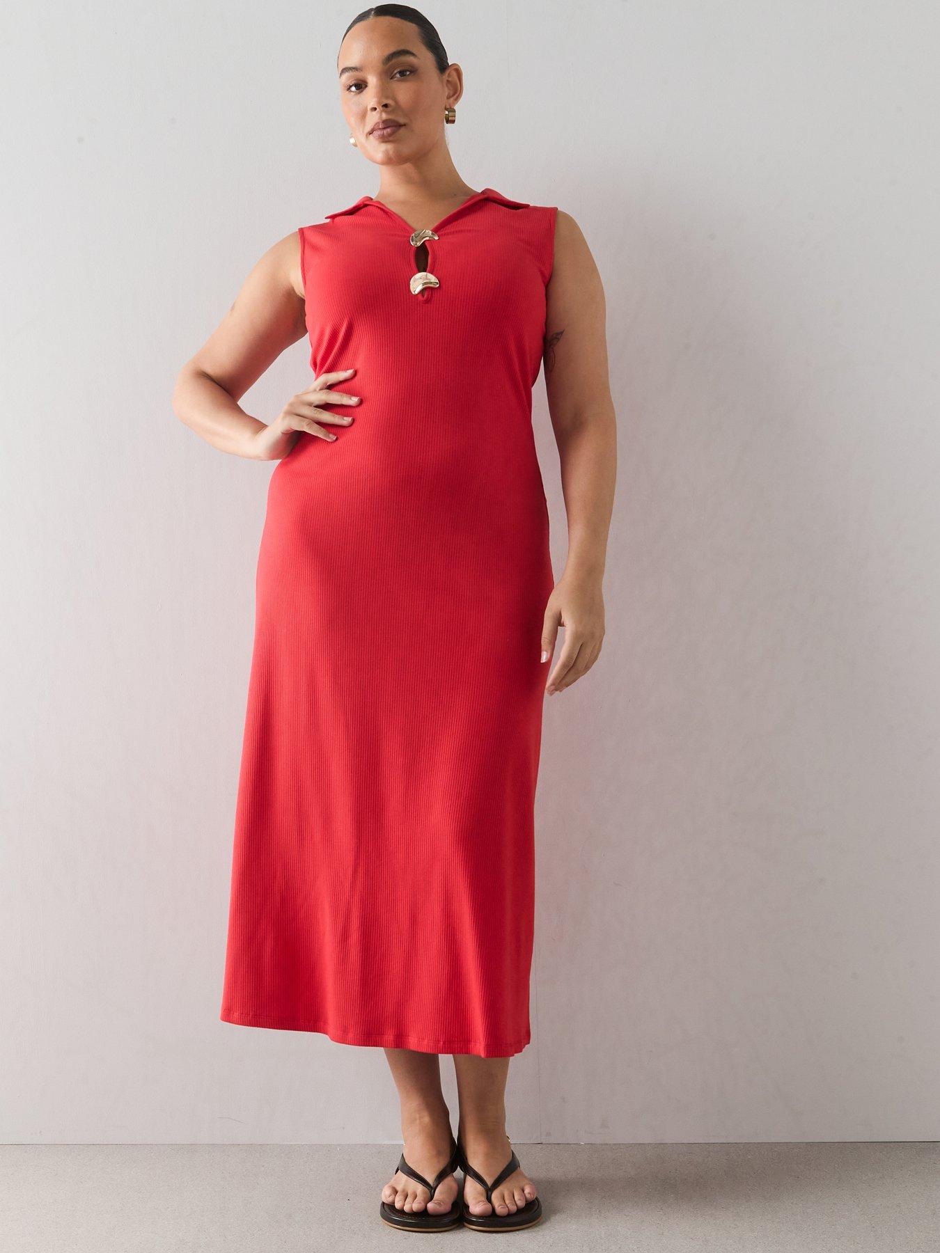 Image 3 of 6 of The Very Collection Curve Gold Trim Sleeveless Dress - Red