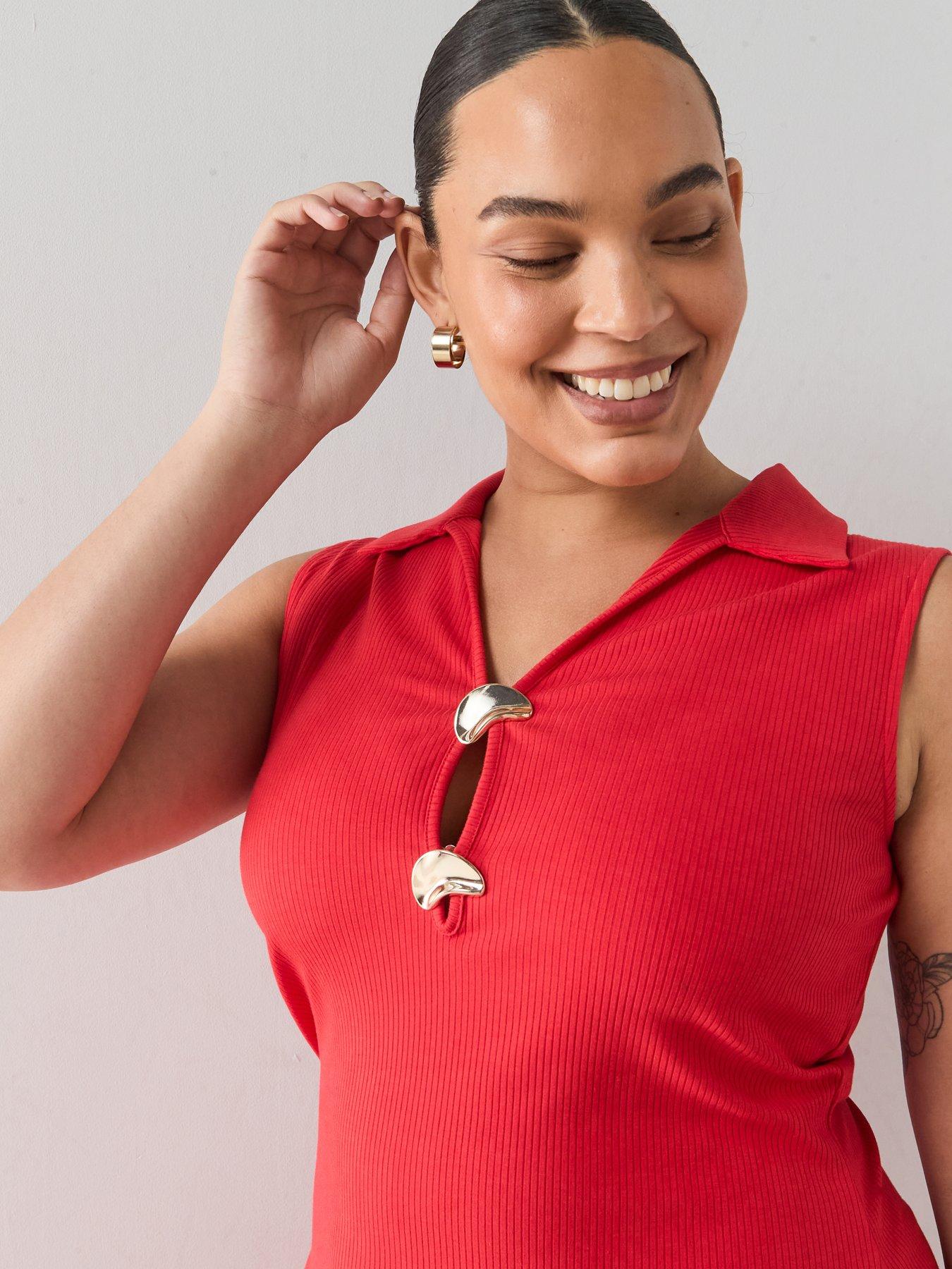 Image 4 of 6 of The Very Collection Curve Gold Trim Sleeveless Dress - Red