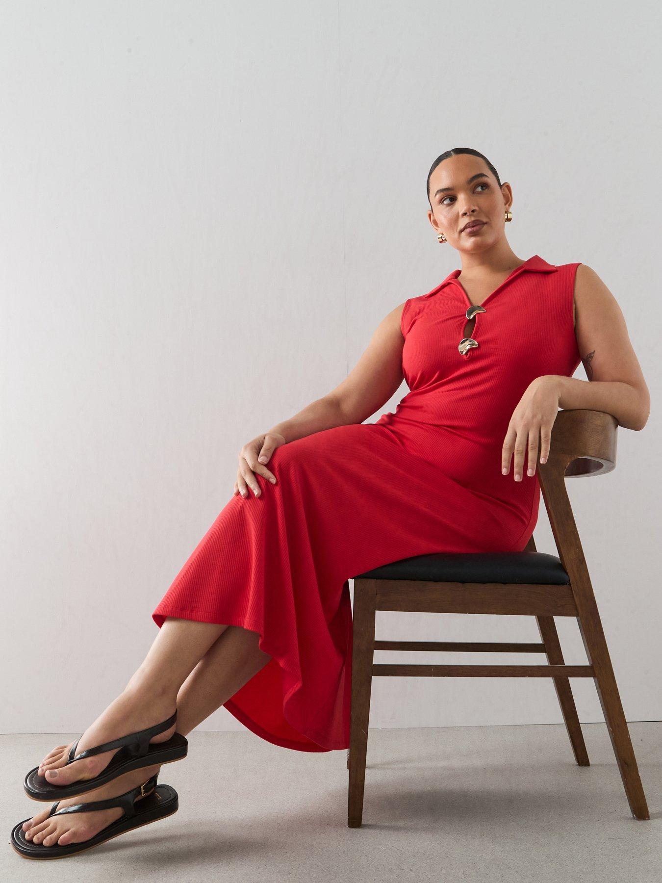 Image 5 of 6 of The Very Collection Curve Gold Trim Sleeveless Dress - Red