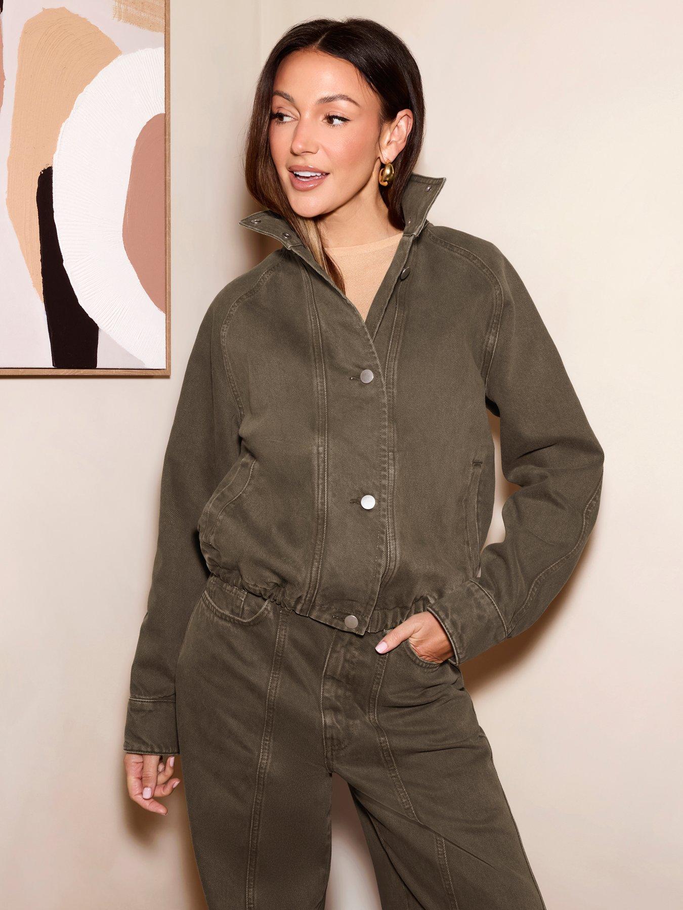 Michelle Keegan Denim Funnel Neck Bomber Jacket- Khaki