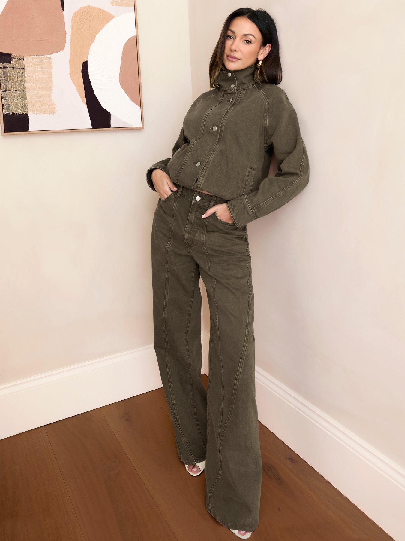 Michelle Keegan Seam Detail Wide Leg Jeans - Khaki