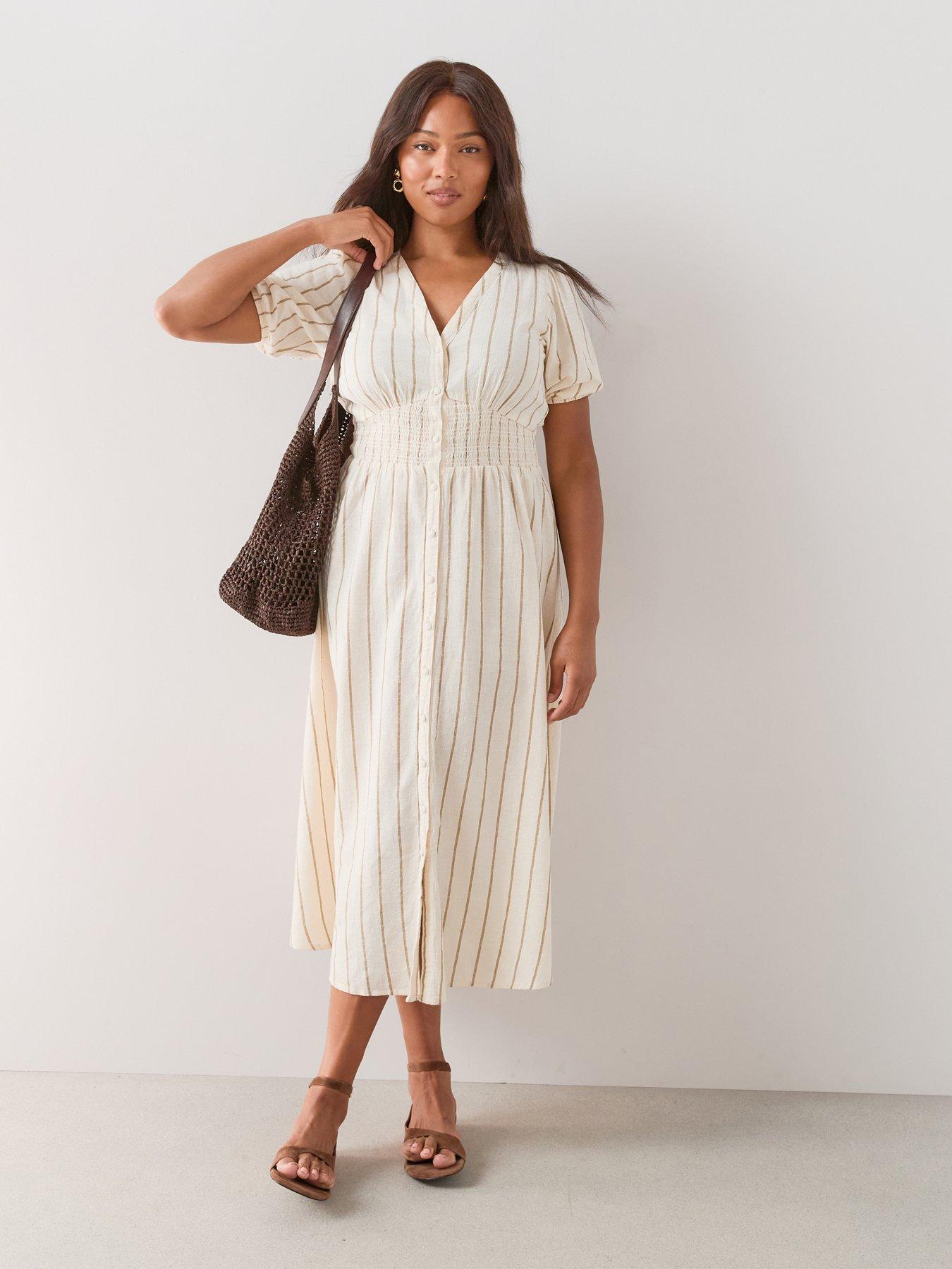 The Very Collection Curve Shirred Waist Stripe Midi Dress - Cream