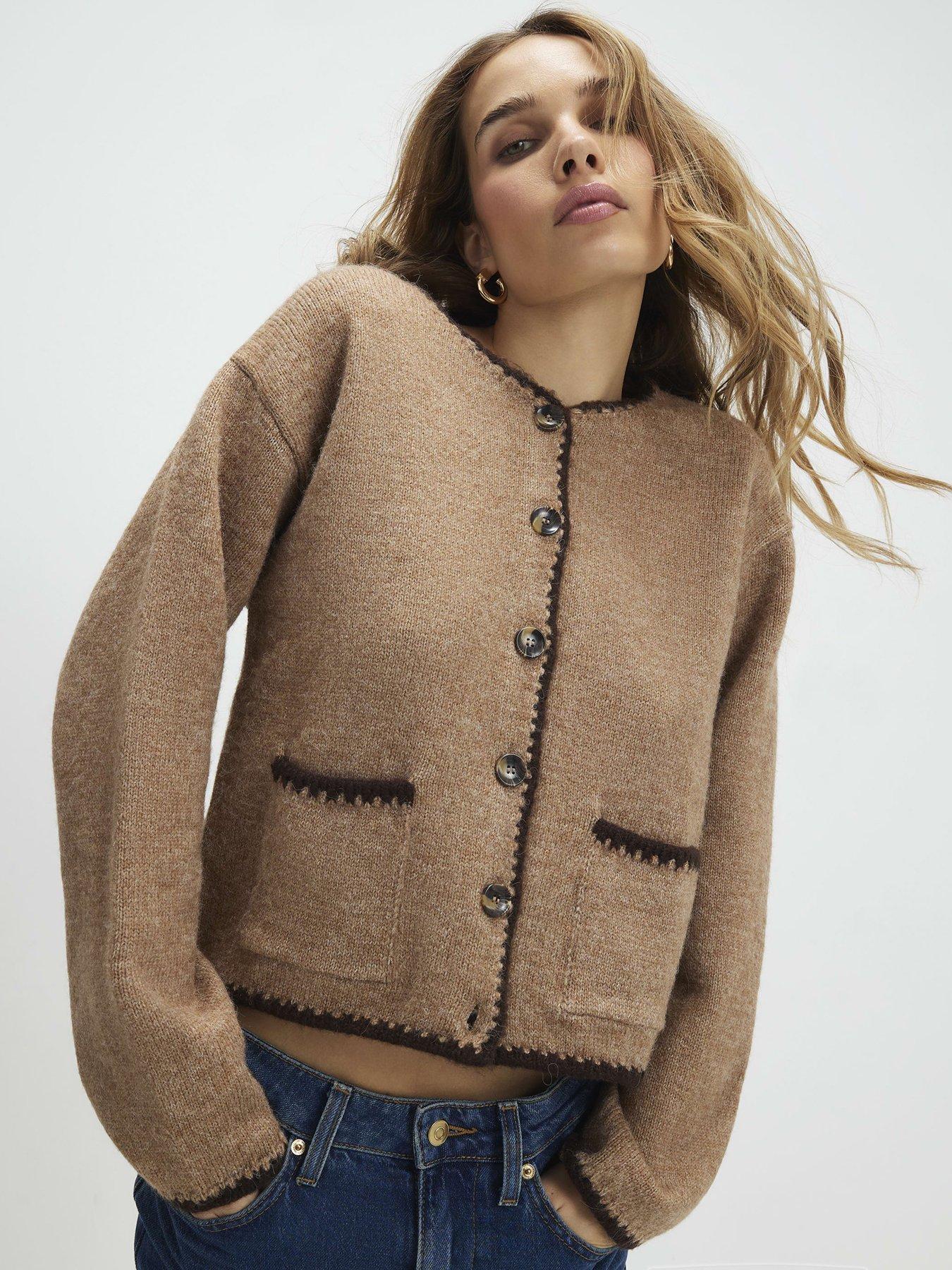 River Island Long Sleeve Whipstitch Cardi - Brown