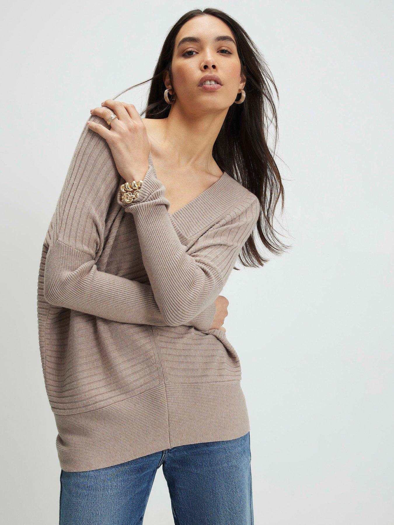 front image of river-island-v-neck-ribbed-jumper-brown
