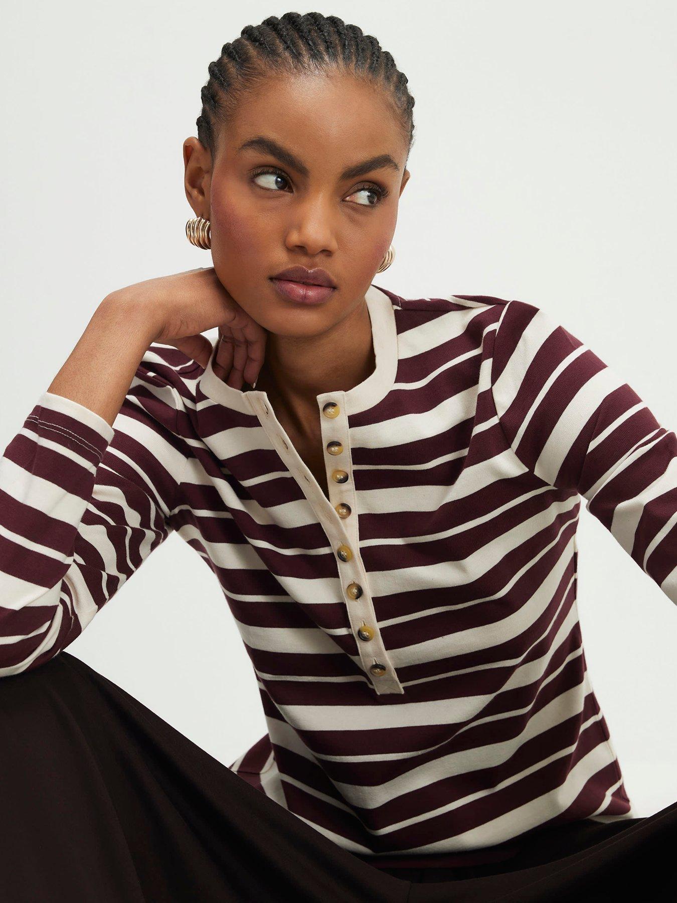 Image 4 of 4 of River Island Long Sleeve Stripe Henley Top - Brown