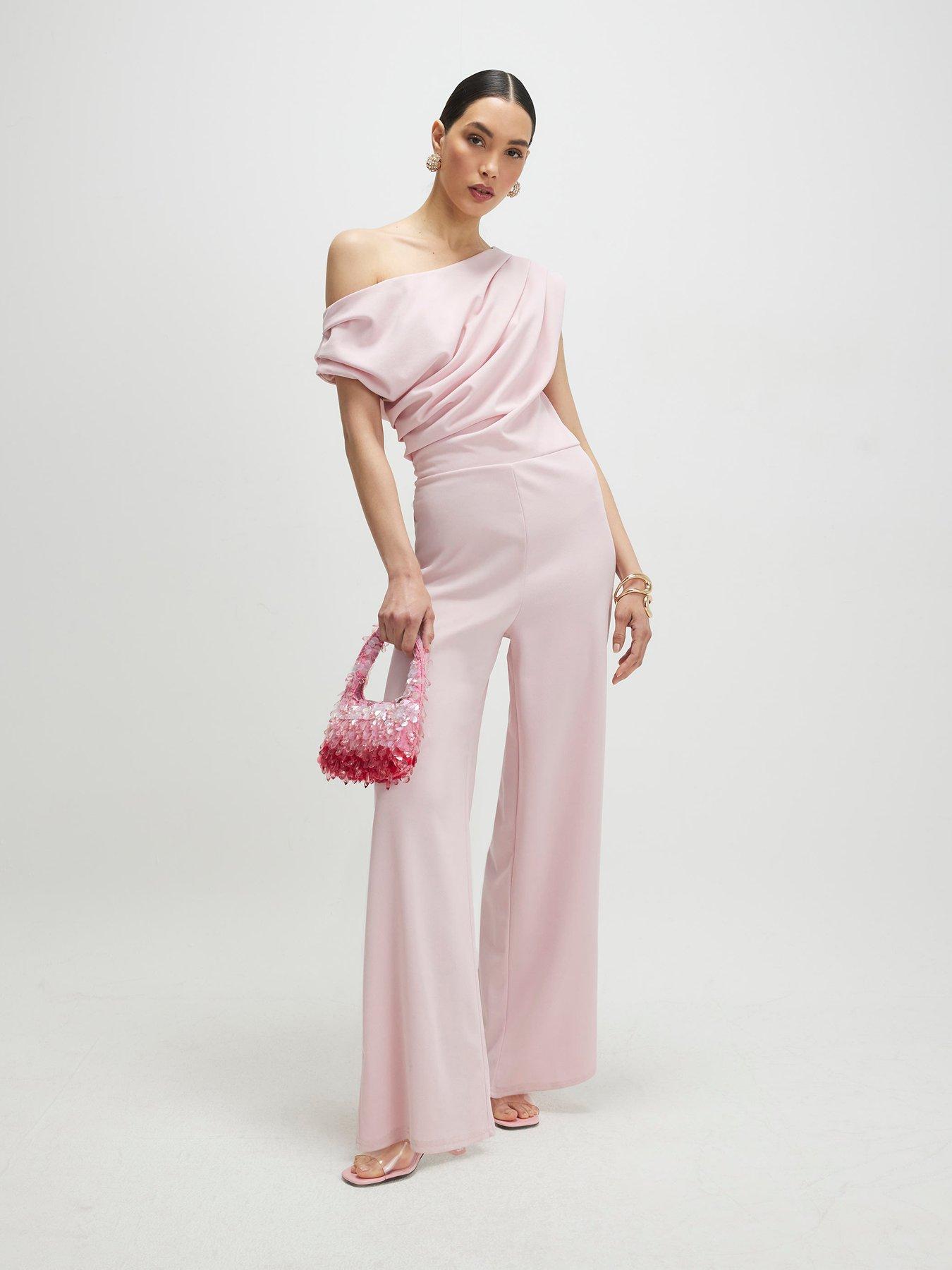 Image 1 of 4 of River Island Short Asymmetric Drape Jumpsuit - Pink