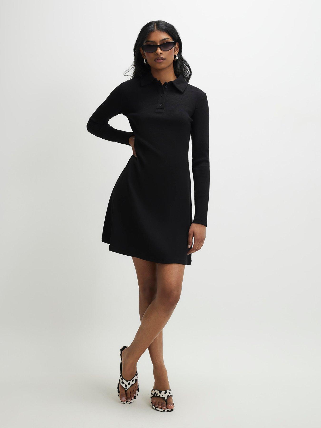 River Island Long Sleeve Ribbed Fit And Flare Dress - Black