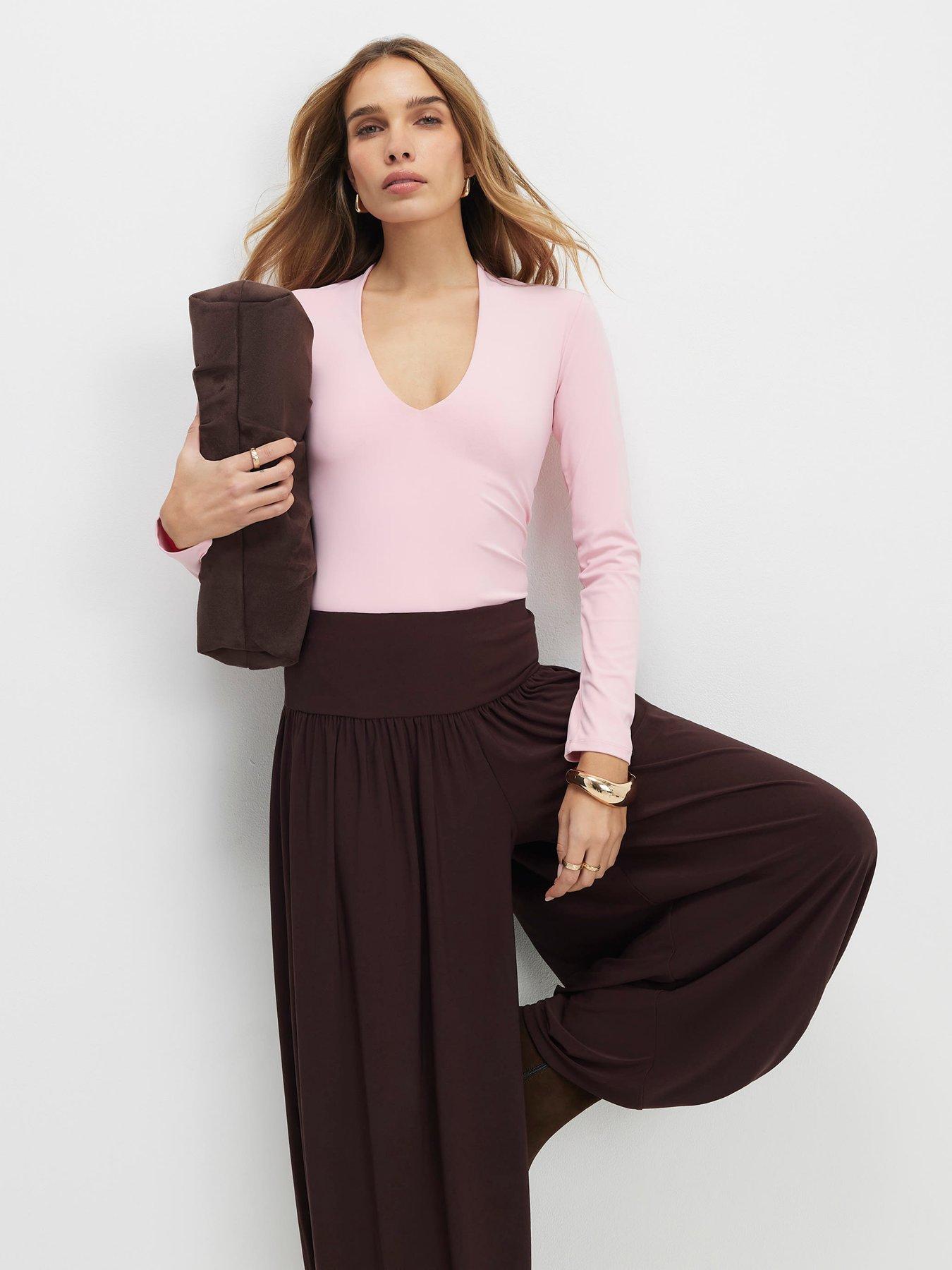 River Island Long Sleeve Plunge Polyamide Bodysuit - Pink