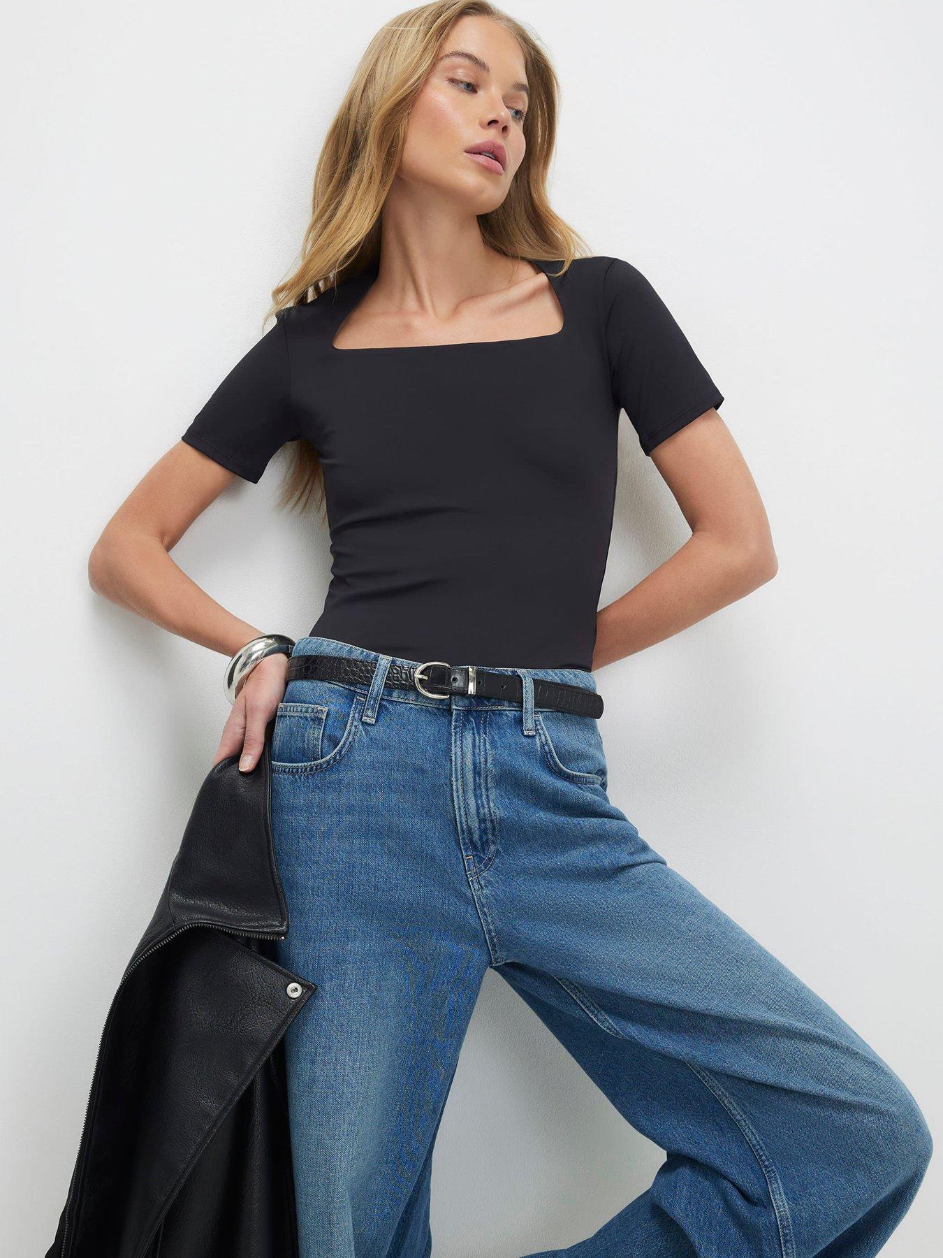 River Island Short Sleeve Square Neck Polyamide T-Shirt - Black
