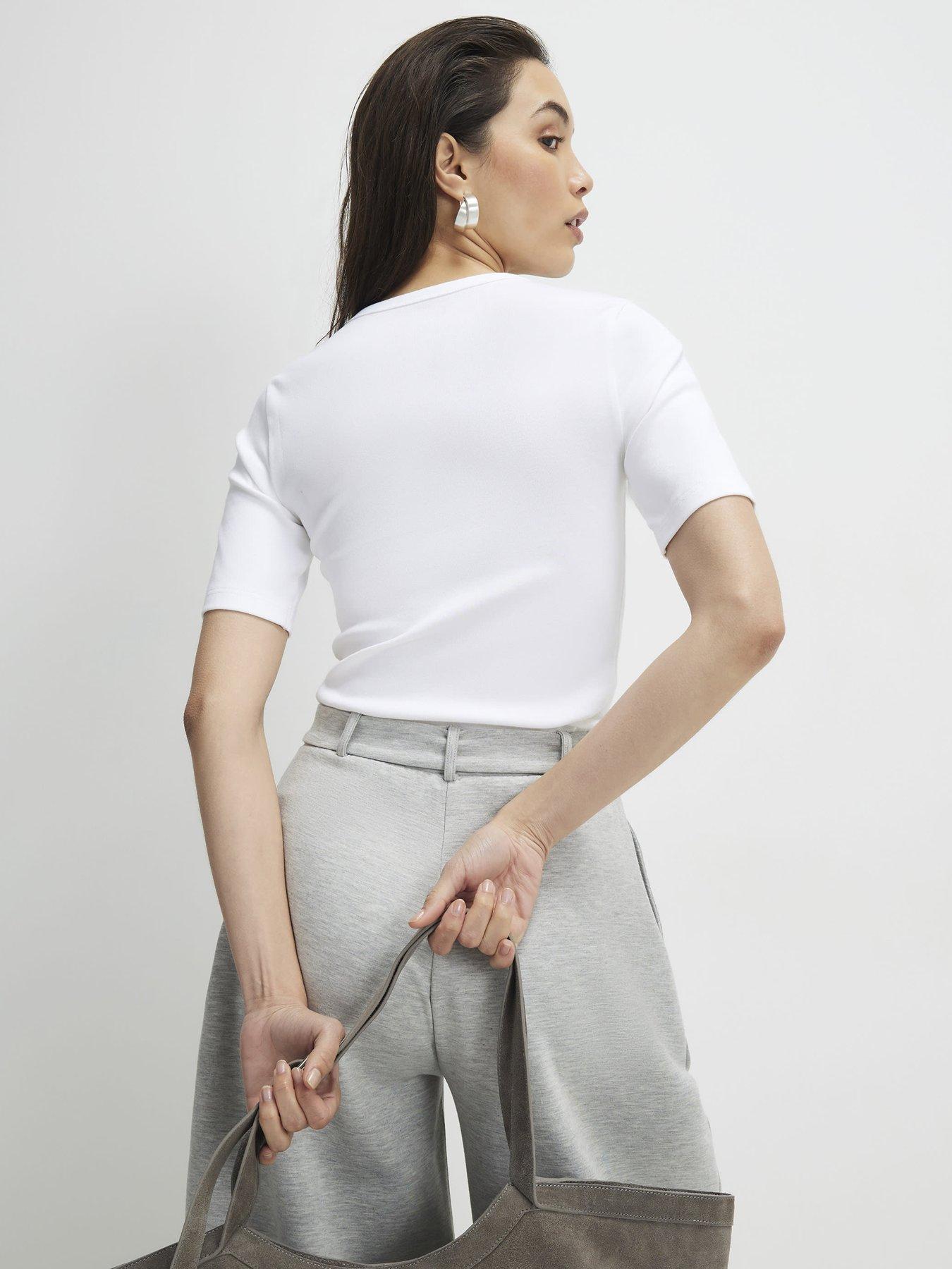 Image 2 of 4 of River Island Short Sleeve Cotton Elastane Fitted Top - White