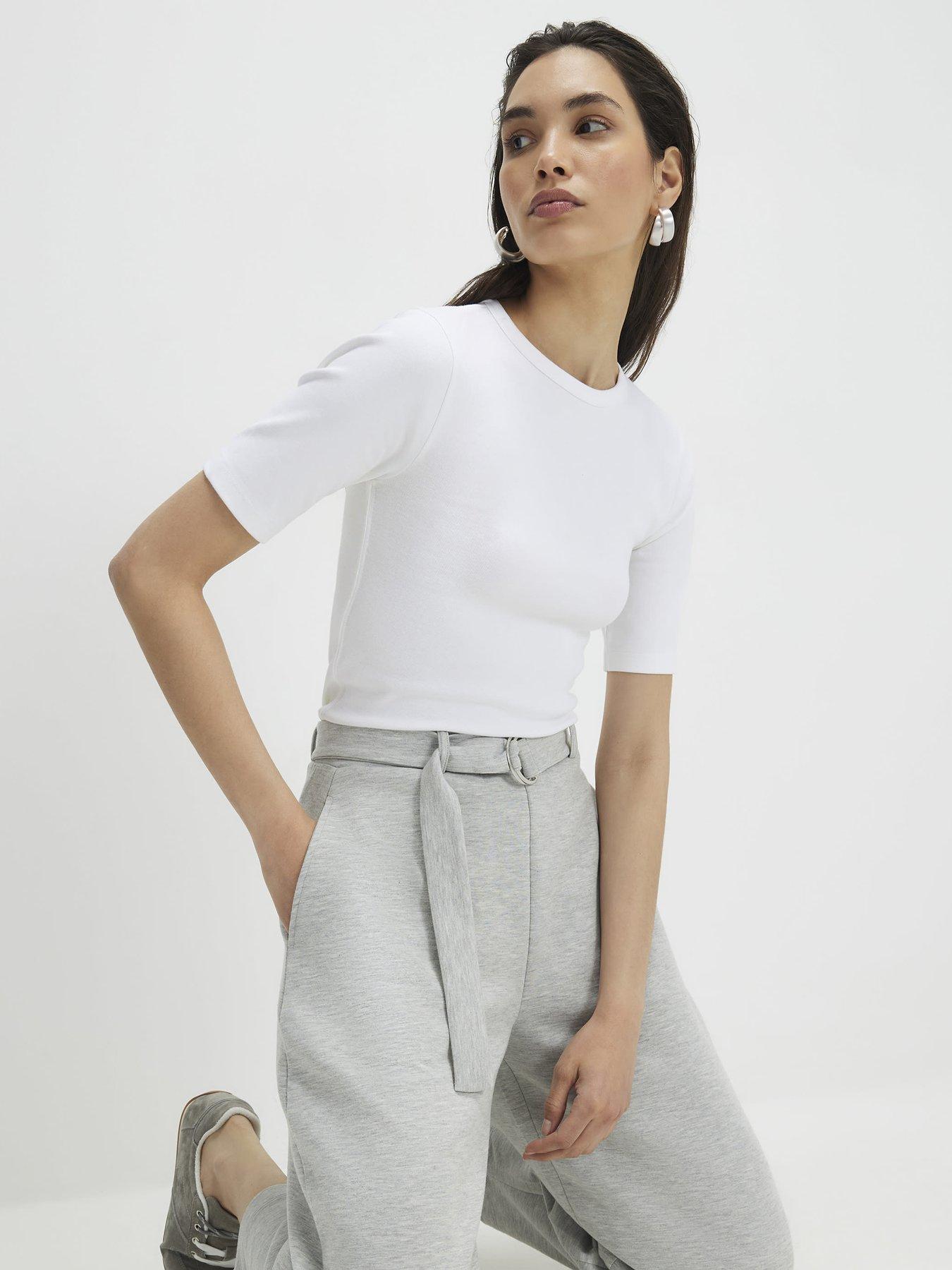 Image 4 of 4 of River Island Short Sleeve Cotton Elastane Fitted Top - White