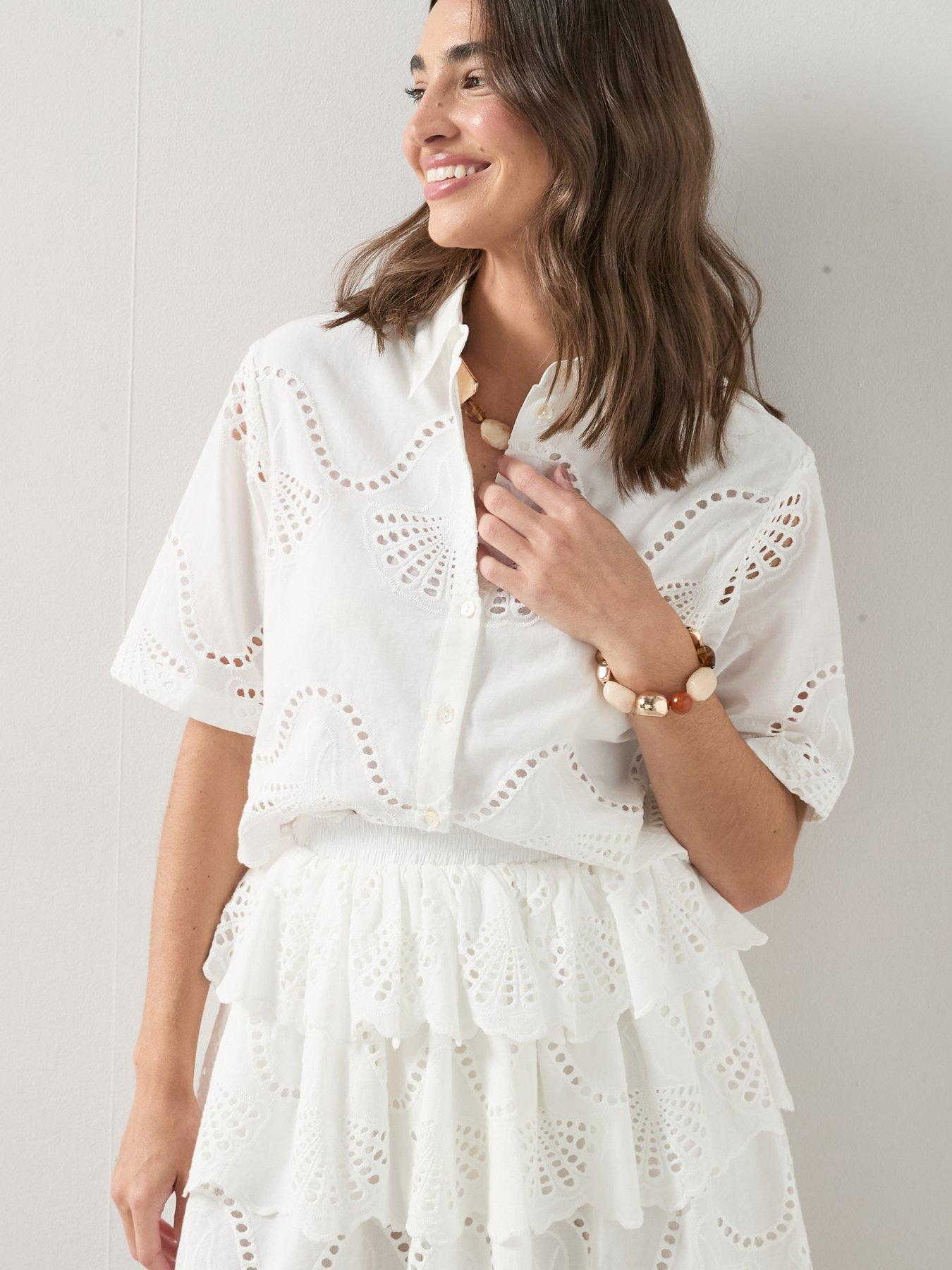 The Very Collection Broderie Short Sleeve Shirt - Cream