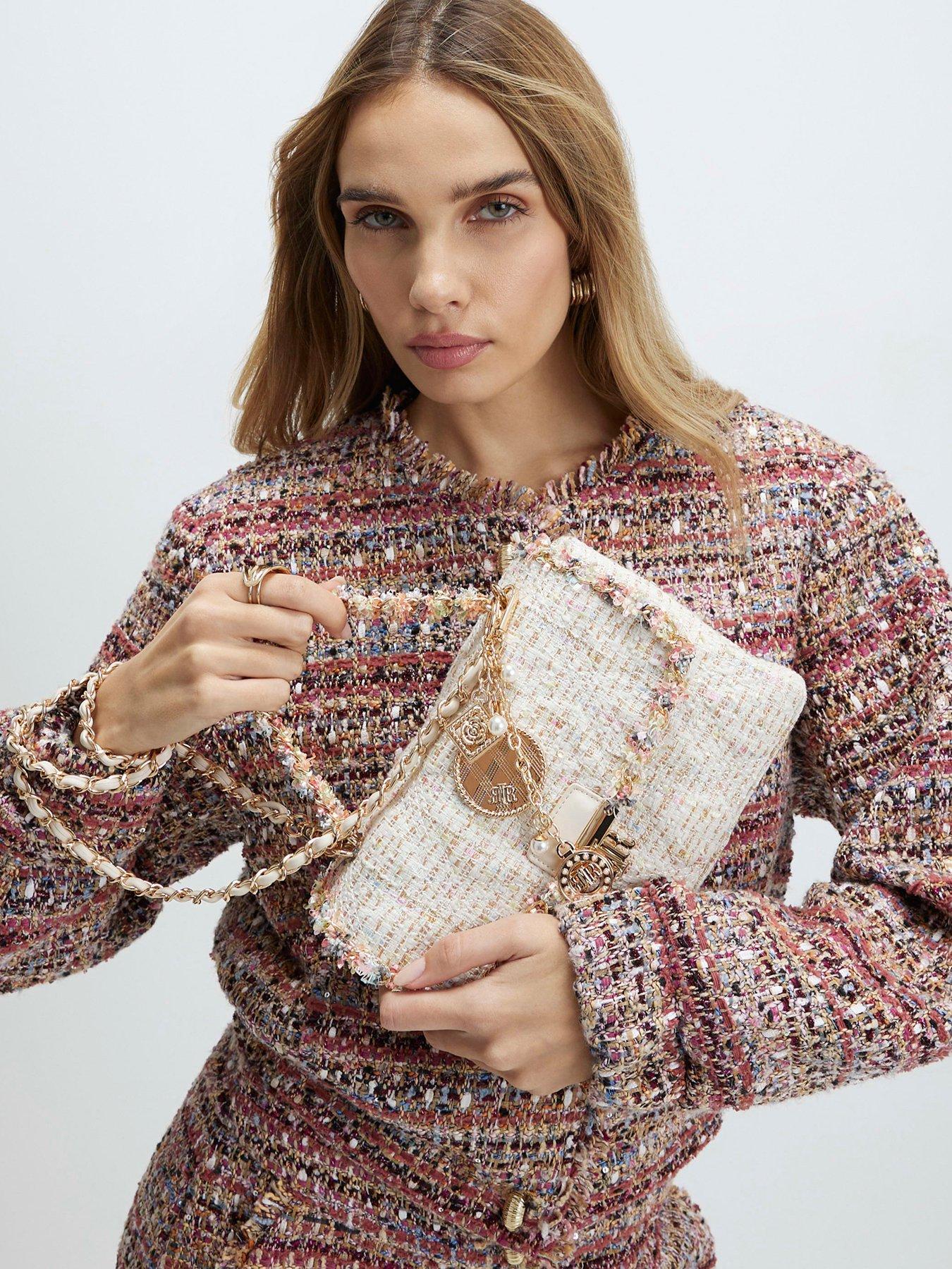 River Island Boucle Flap Front Shoulder Bag - Cream