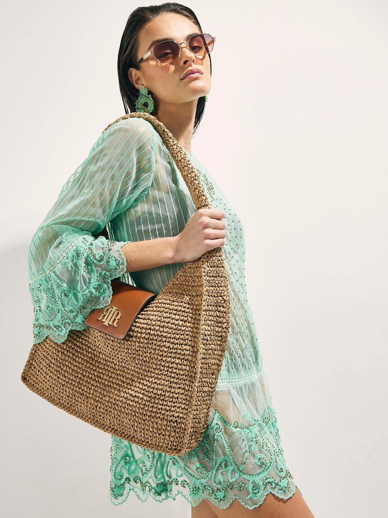 River Island Raffia Flap Front Slouch - Beige