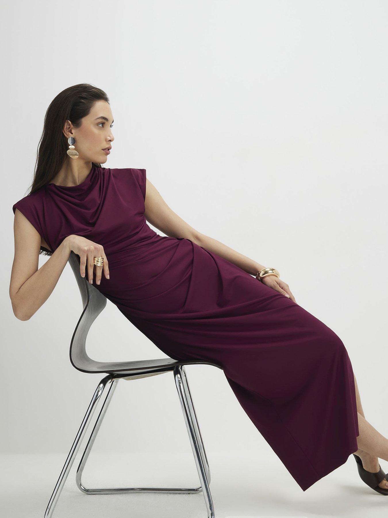 Image 3 of 4 of River Island Short High Neck Ruched Midi Dress - Purple