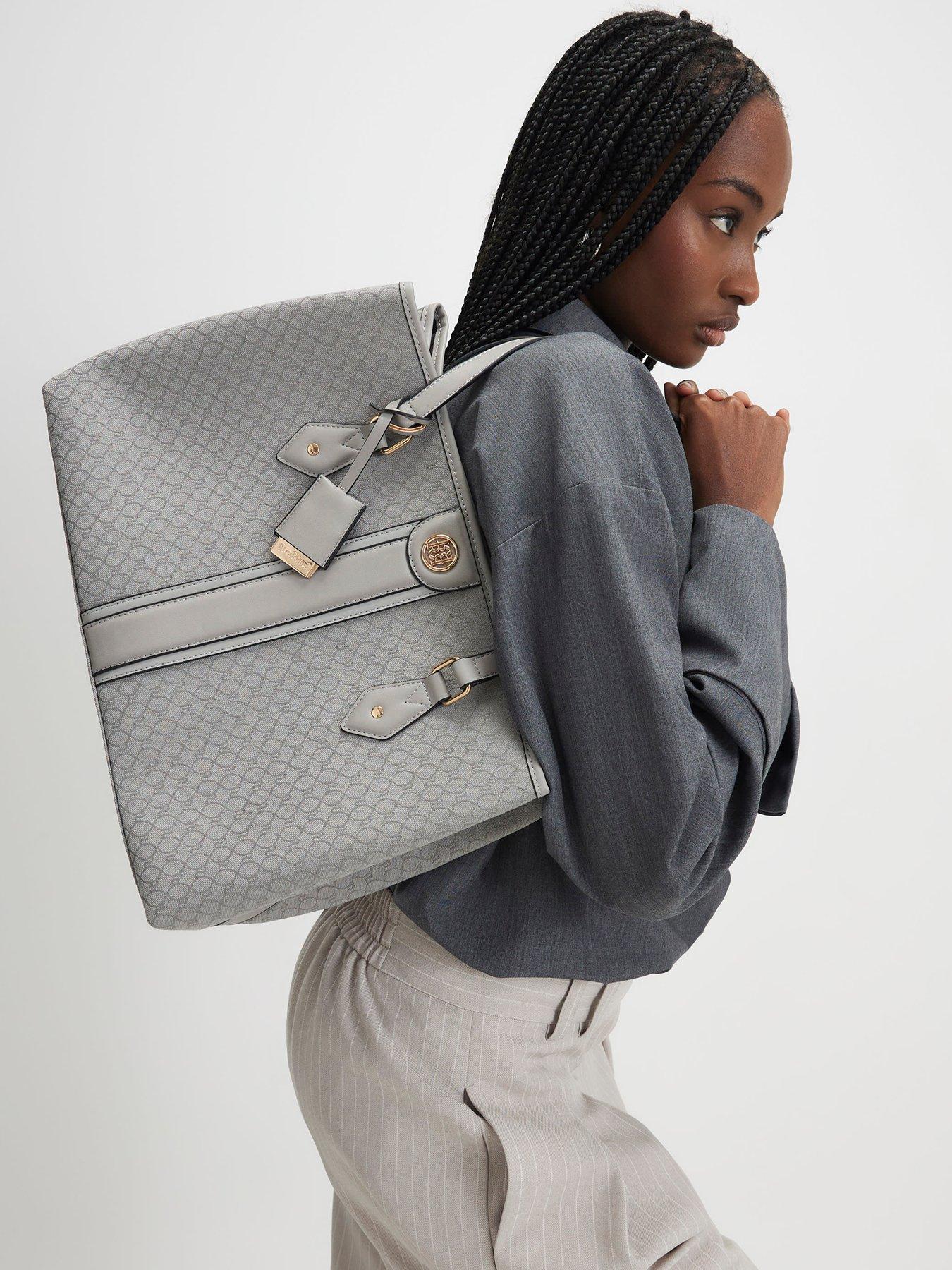 Image 1 of 5 of River Island Jacquard Stripe Monogram Shopper Bag - Grey