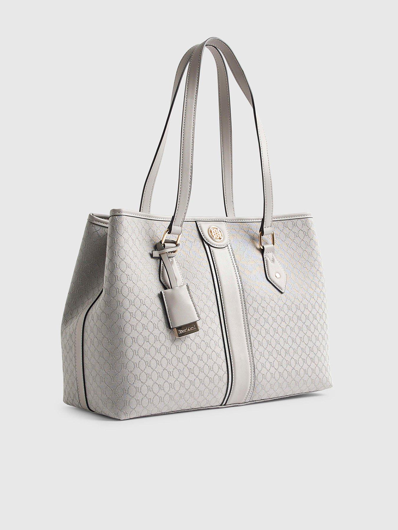 Image 2 of 5 of River Island Jacquard Stripe Monogram Shopper Bag - Grey
