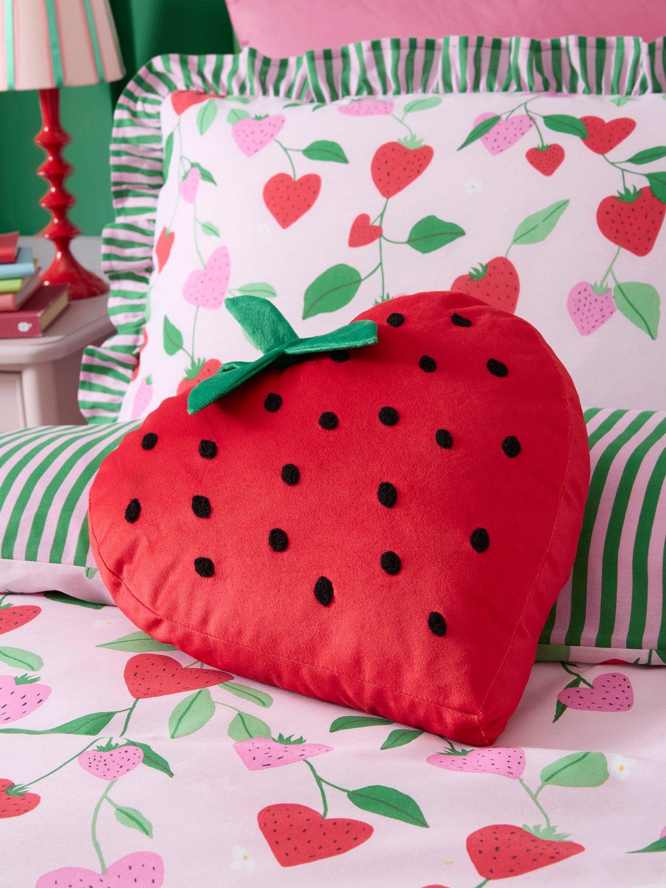 front image of bedlam-strawberry-shaped-cushion-in-red-one-size