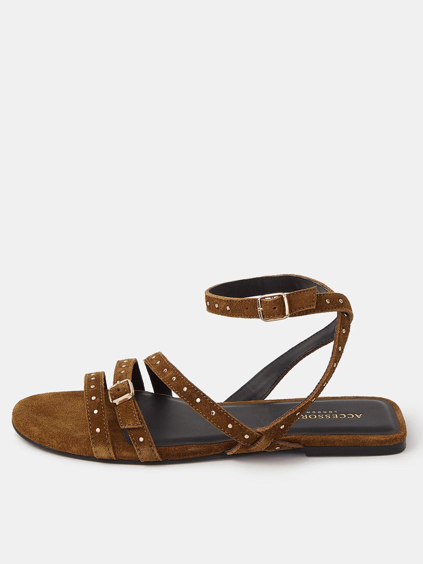 Image 1 of 4 of Accessorize Stud Suede Strappy Sandals - Brown