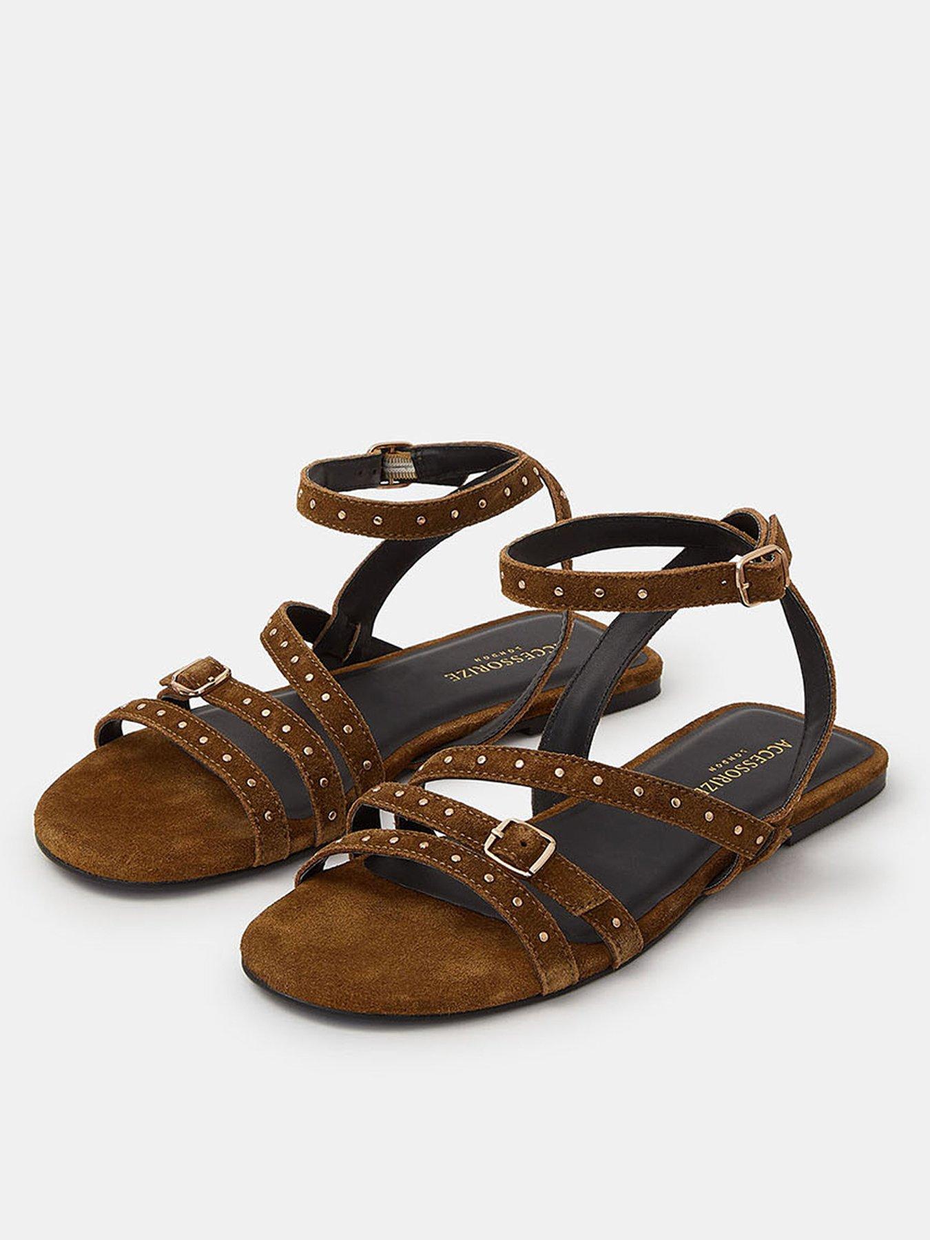  image of accessorize-stud-suede-strappy-sandals-green-khaki