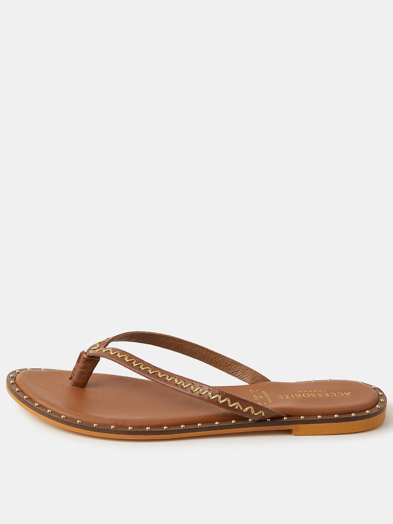 Image 1 of 4 of Accessorize Stitched Studded Leather Flip Flops - Brown