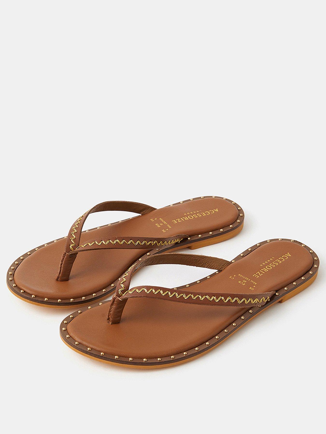 Image 2 of 4 of Accessorize Stitched Studded Leather Flip Flops - Brown
