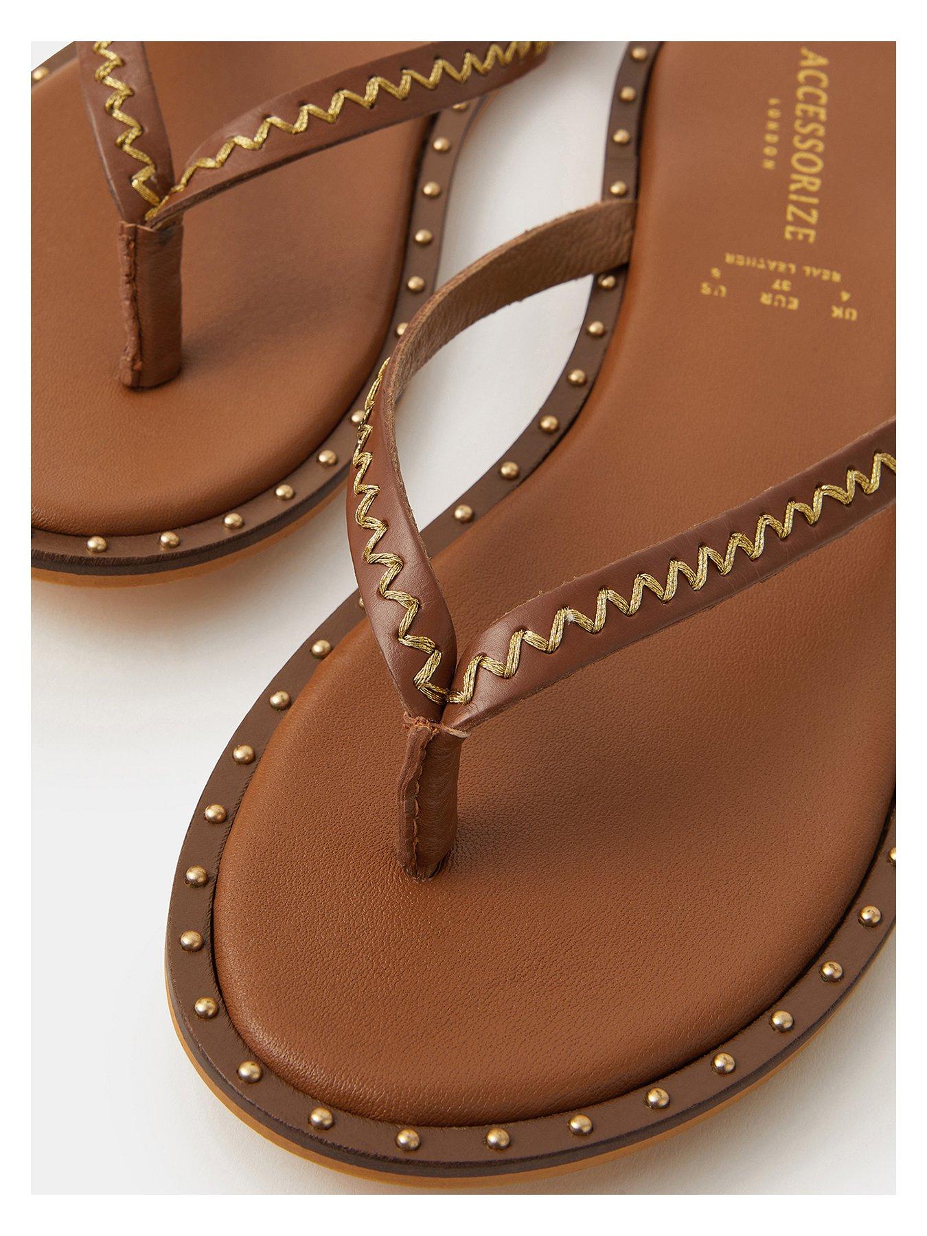 Image 3 of 4 of Accessorize Stitched Studded Leather Flip Flops - Brown