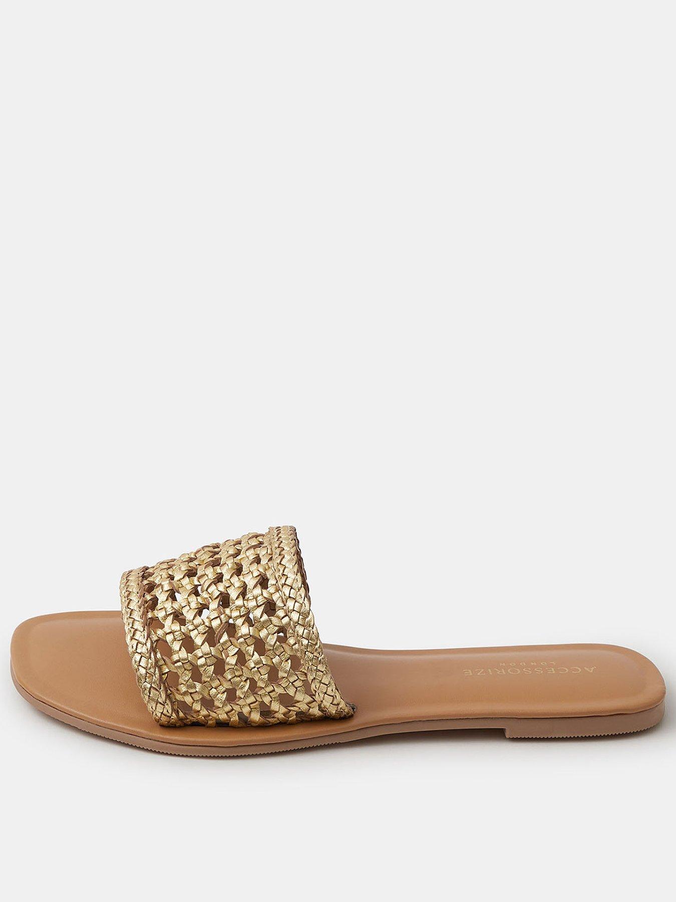 Image 1 of 4 of Accessorize Woven Metallic Leather Slide Sandals - Gold