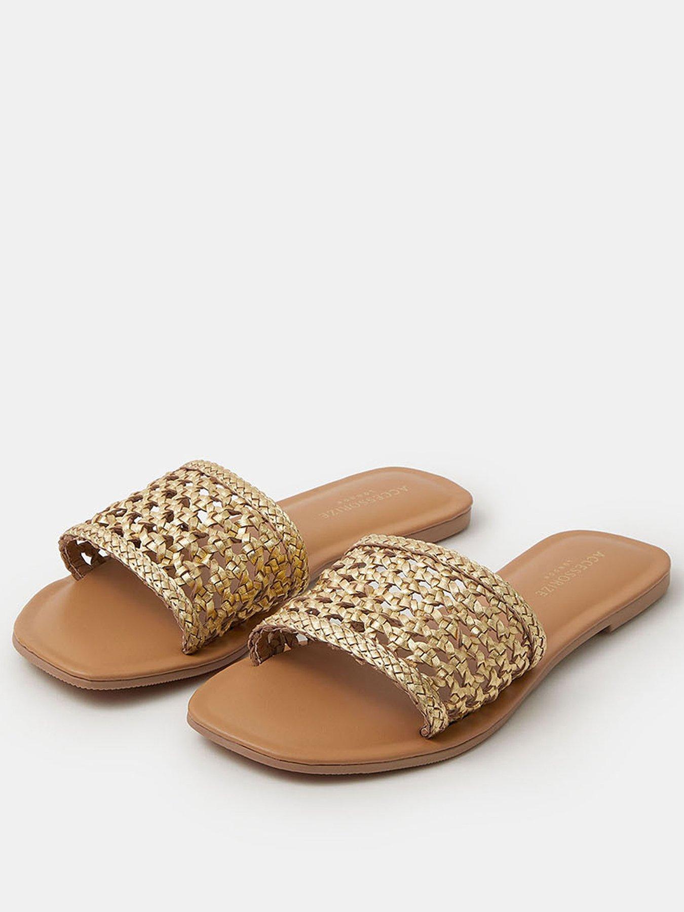 Image 2 of 4 of Accessorize Woven Metallic Leather Slide Sandals - Gold