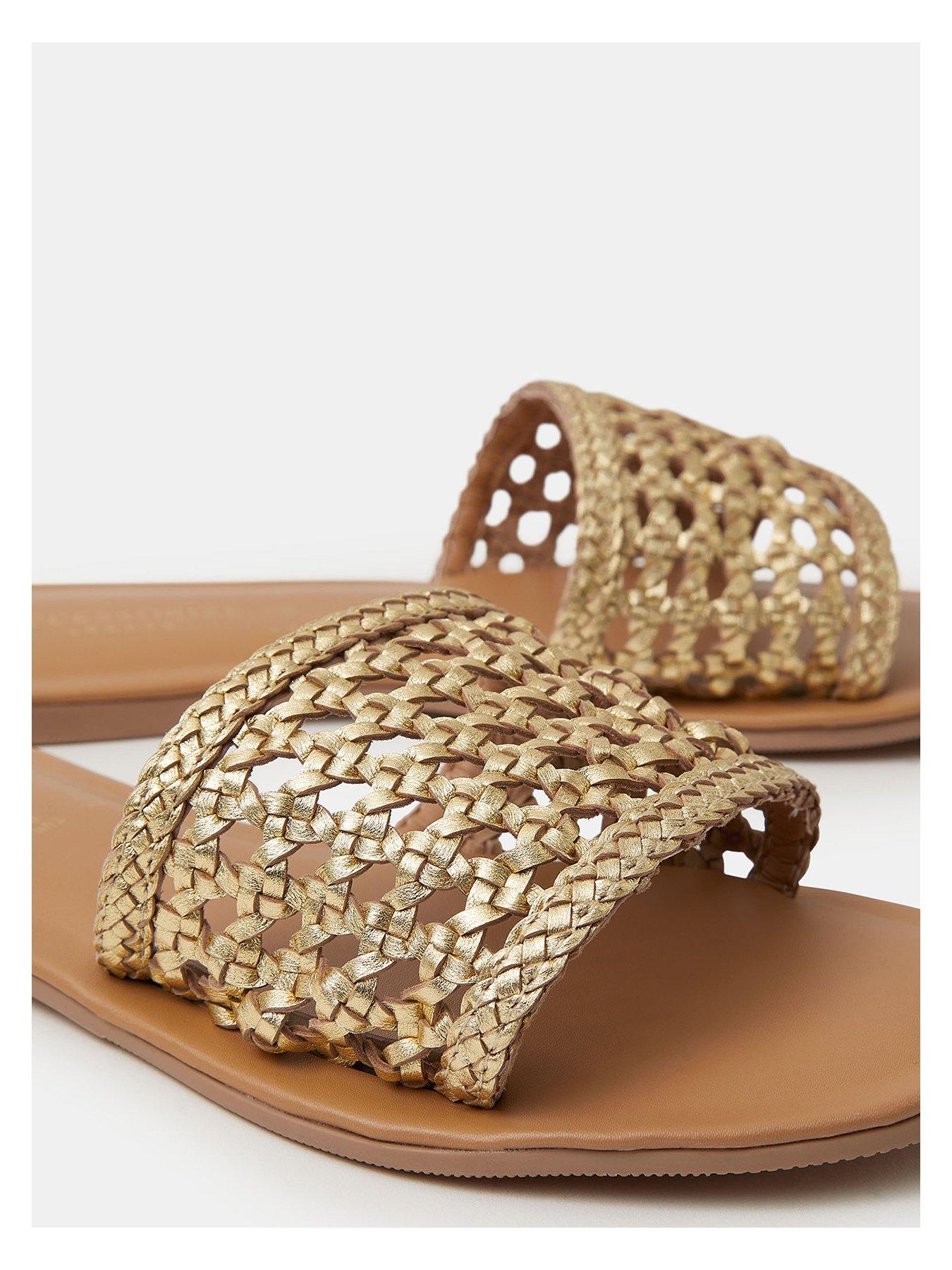 Image 3 of 4 of Accessorize Woven Metallic Leather Slide Sandals - Gold