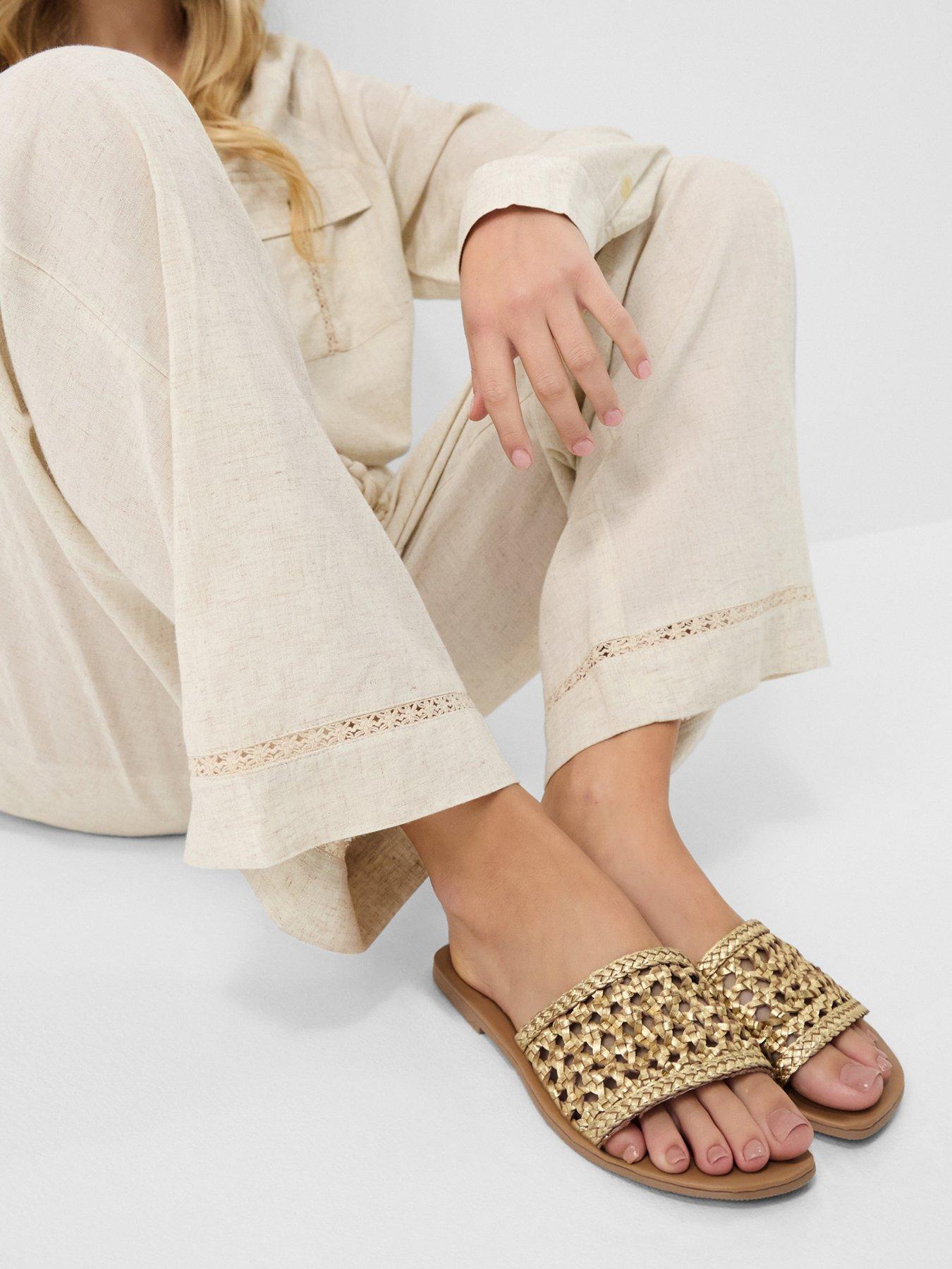 Image 4 of 4 of Accessorize Woven Metallic Leather Slide Sandals - Gold