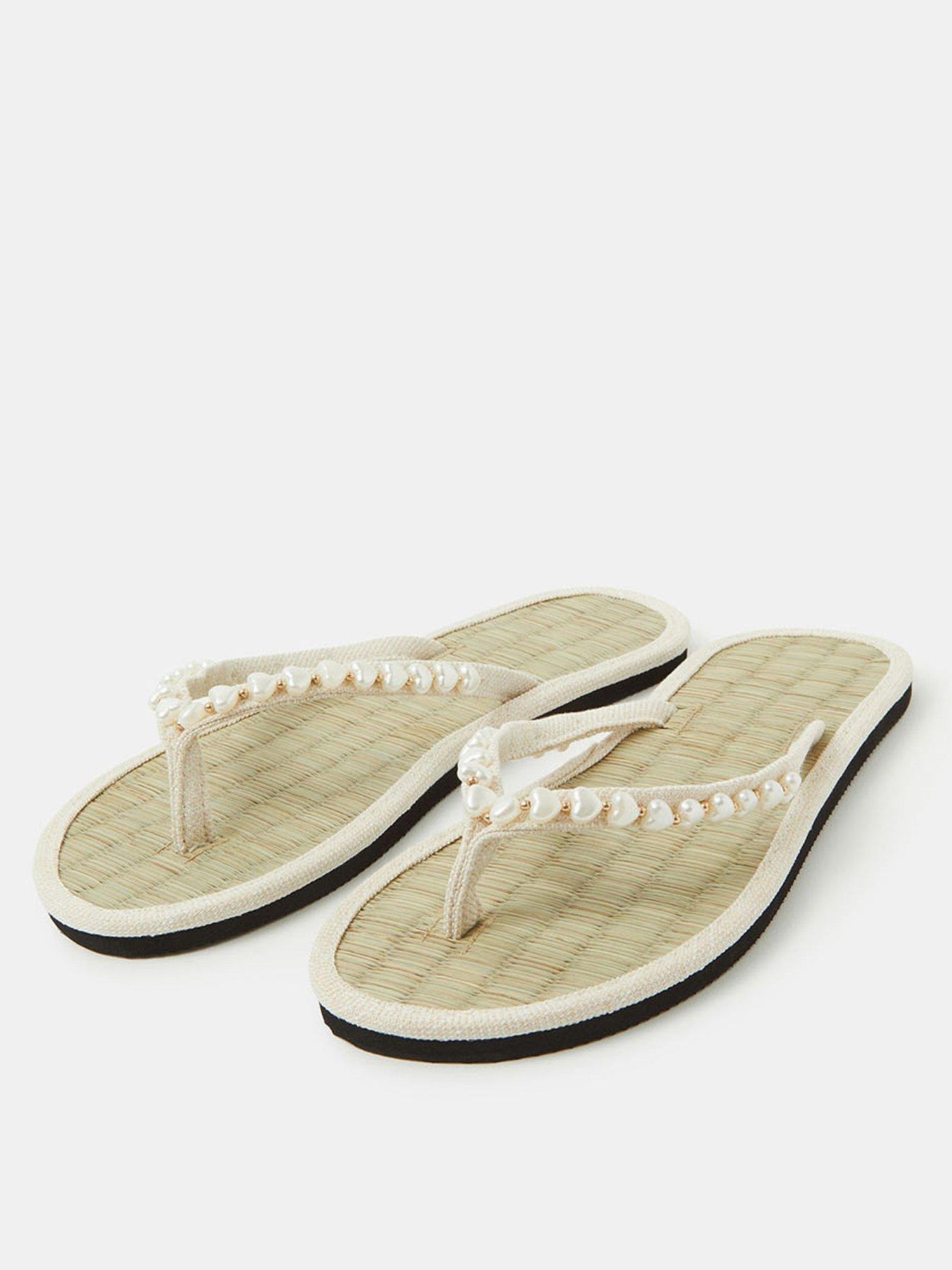 Image 2 of 4 of Accessorize Heart Bead Seagrass Flip Flops - Cream
