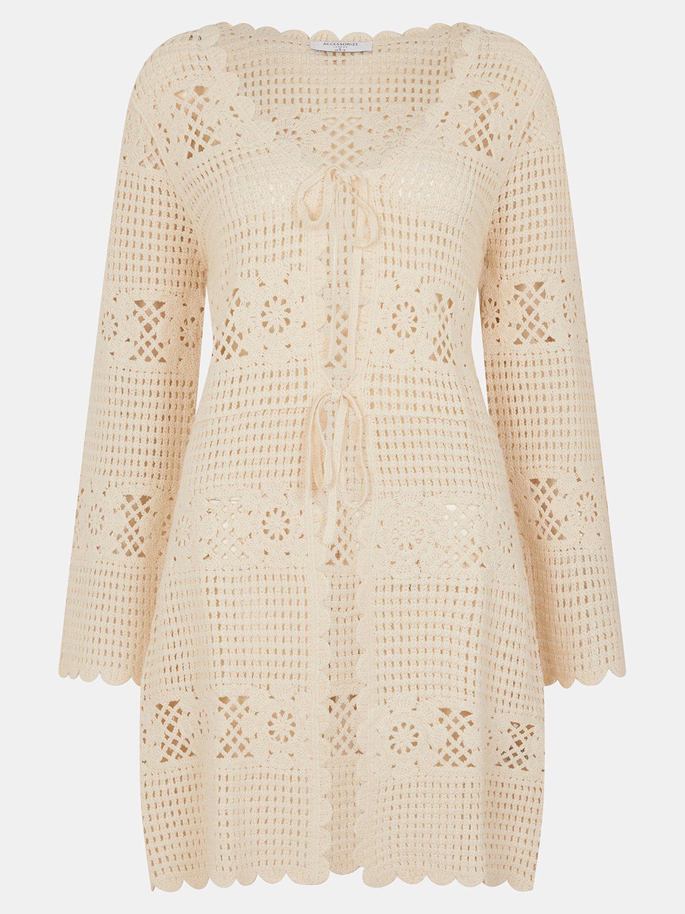 Image 5 of 5 of Accessorize Crochet Tie Front Kaftan - Cream