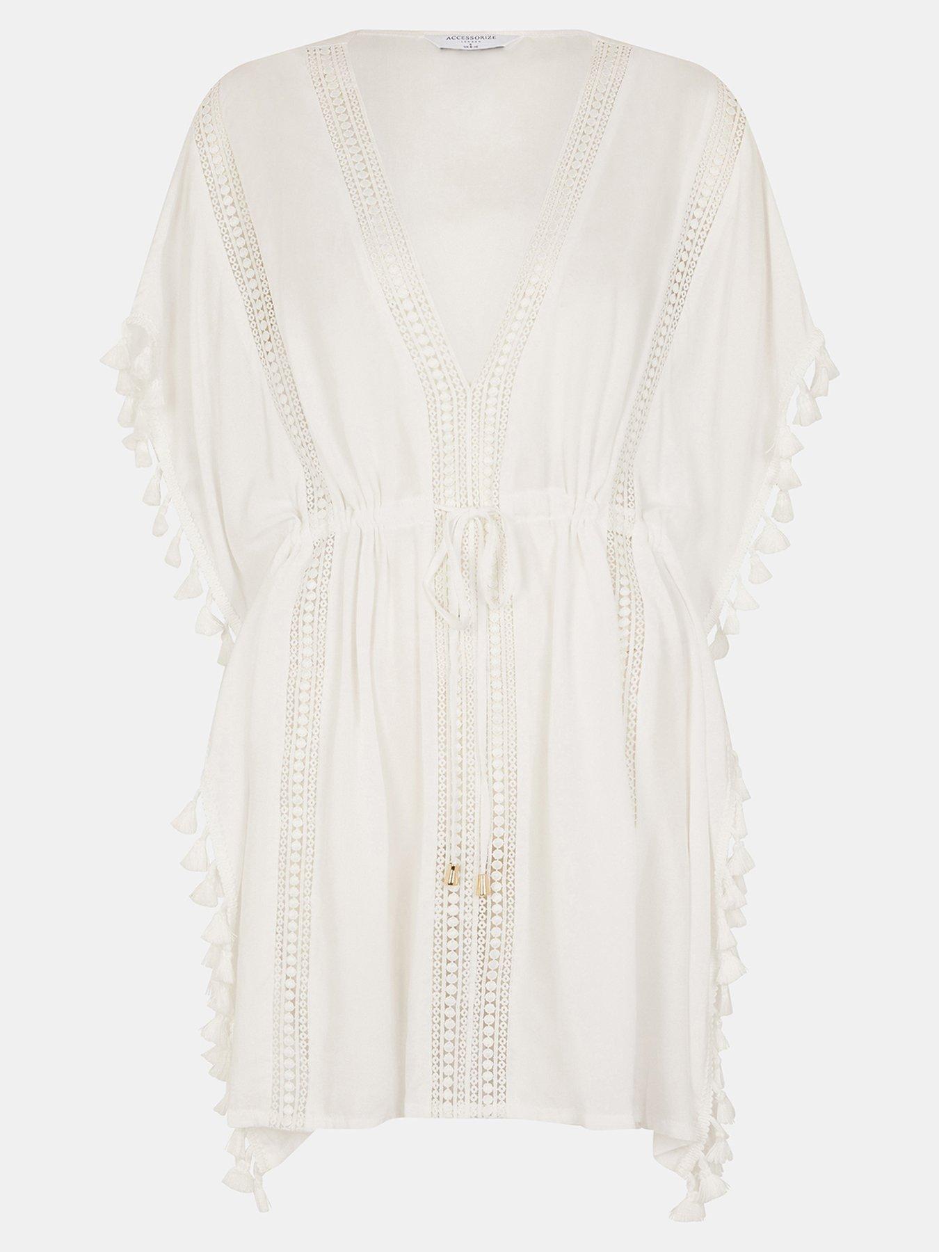  image of accessorize-tassel-trim-mini-kaftan-white