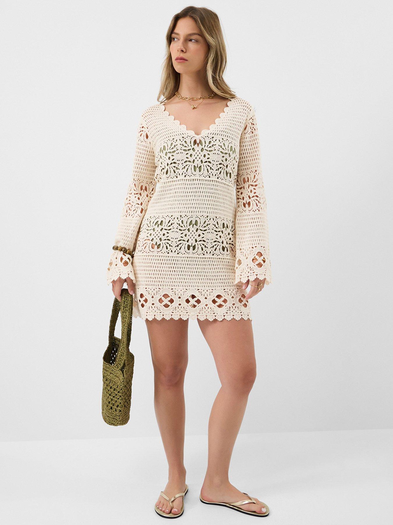 Image 3 of 5 of Accessorize Crochet Long Sleeve Cover Up Tunic - Cream