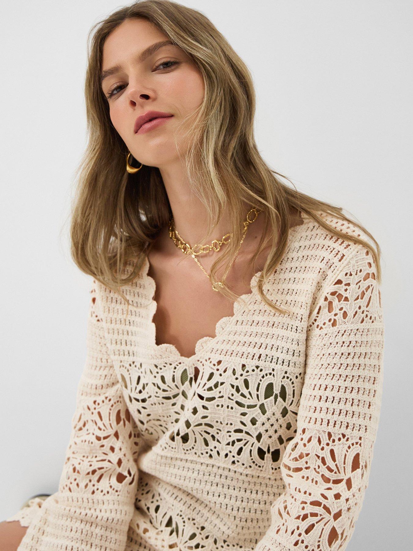 Image 4 of 5 of Accessorize Crochet Long Sleeve Cover Up Tunic - Cream