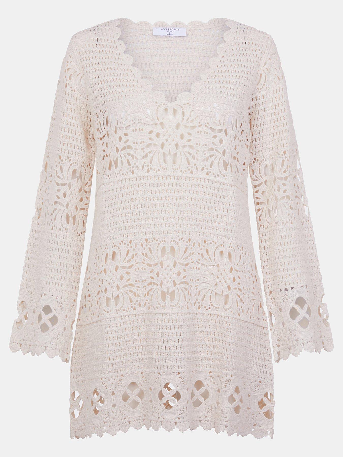 Image 5 of 5 of Accessorize Crochet Long Sleeve Cover Up Tunic - Cream