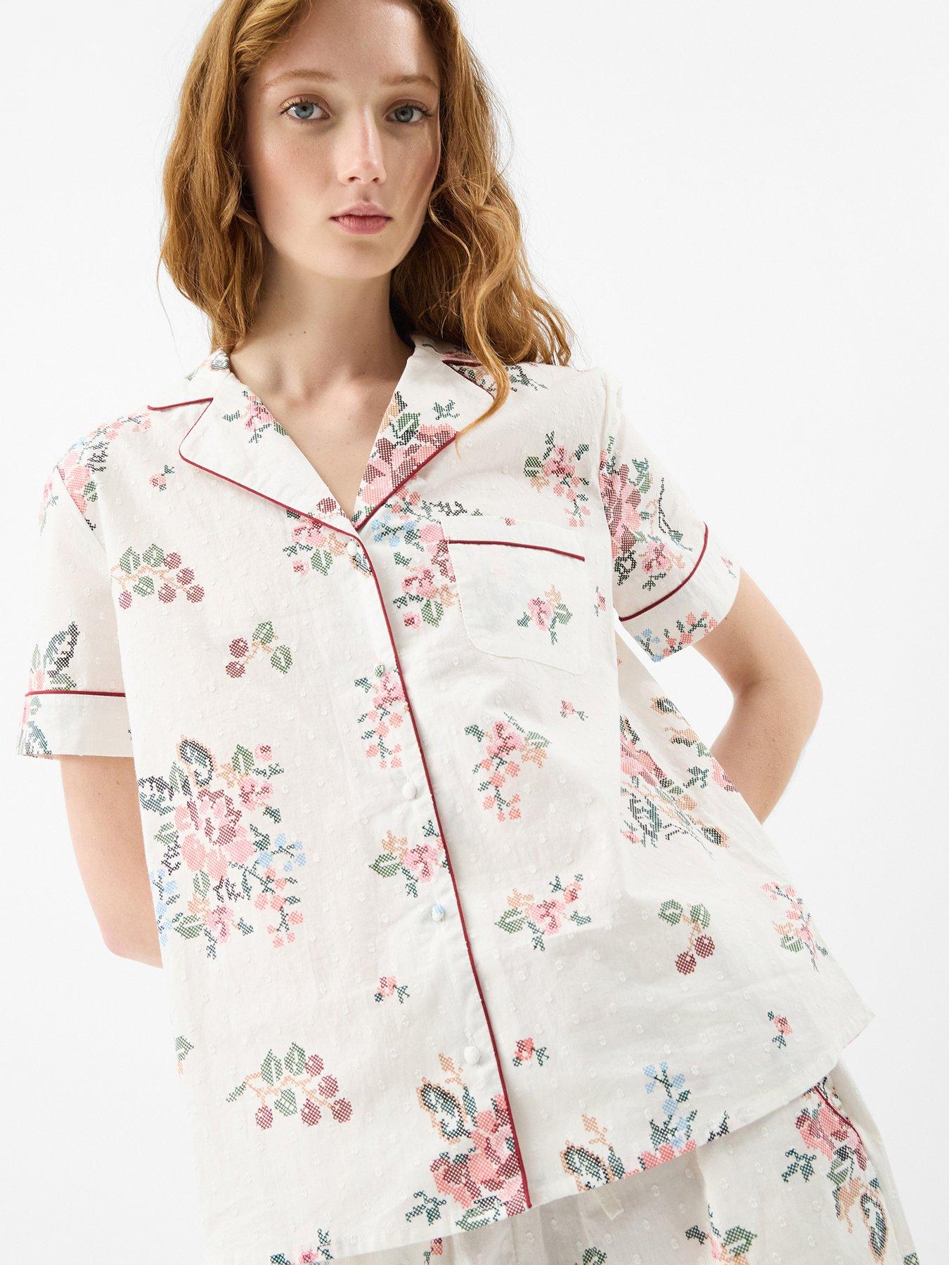 Image 1 of 5 of Accessorize Floral Print Cotton Shorts Pyjamas Set - Cream