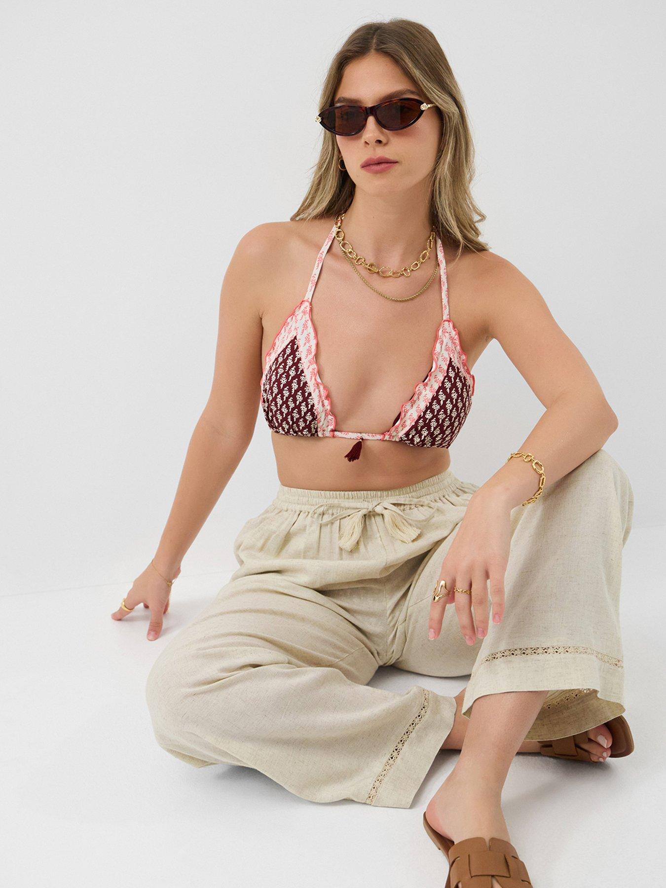 Image 3 of 5 of Accessorize Frill Floral Triangle Bikini Top - Red