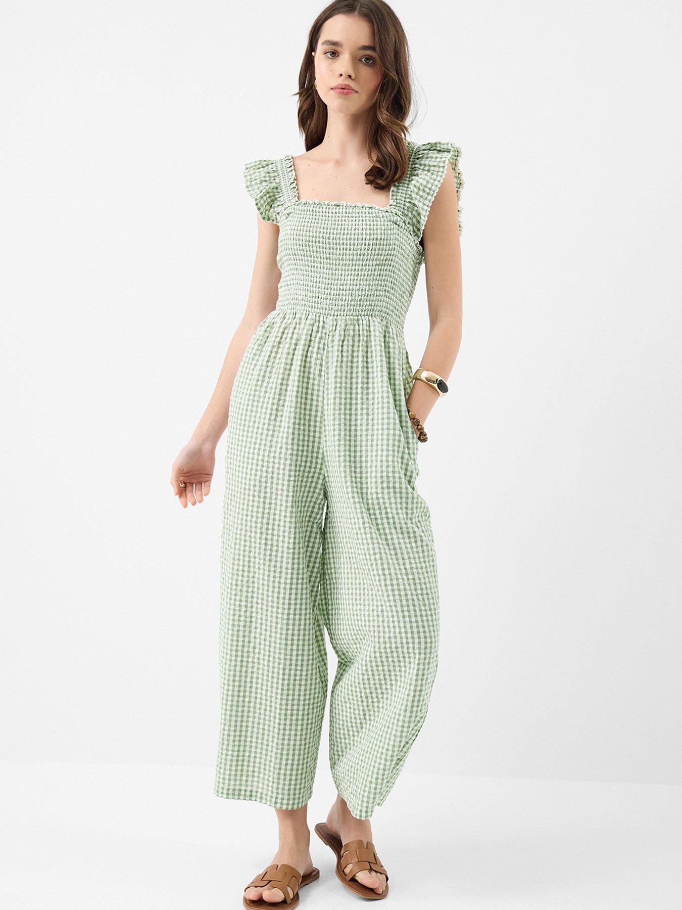  image of accessorize-gingham-print-frill-jumpsuit-green