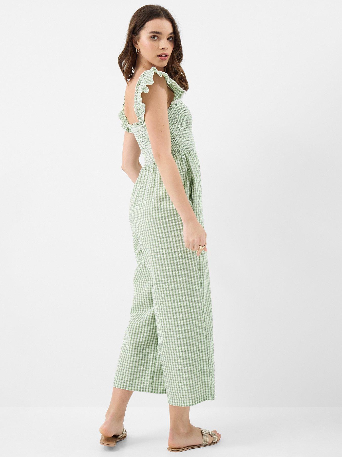  image of accessorize-gingham-print-frill-jumpsuit-green