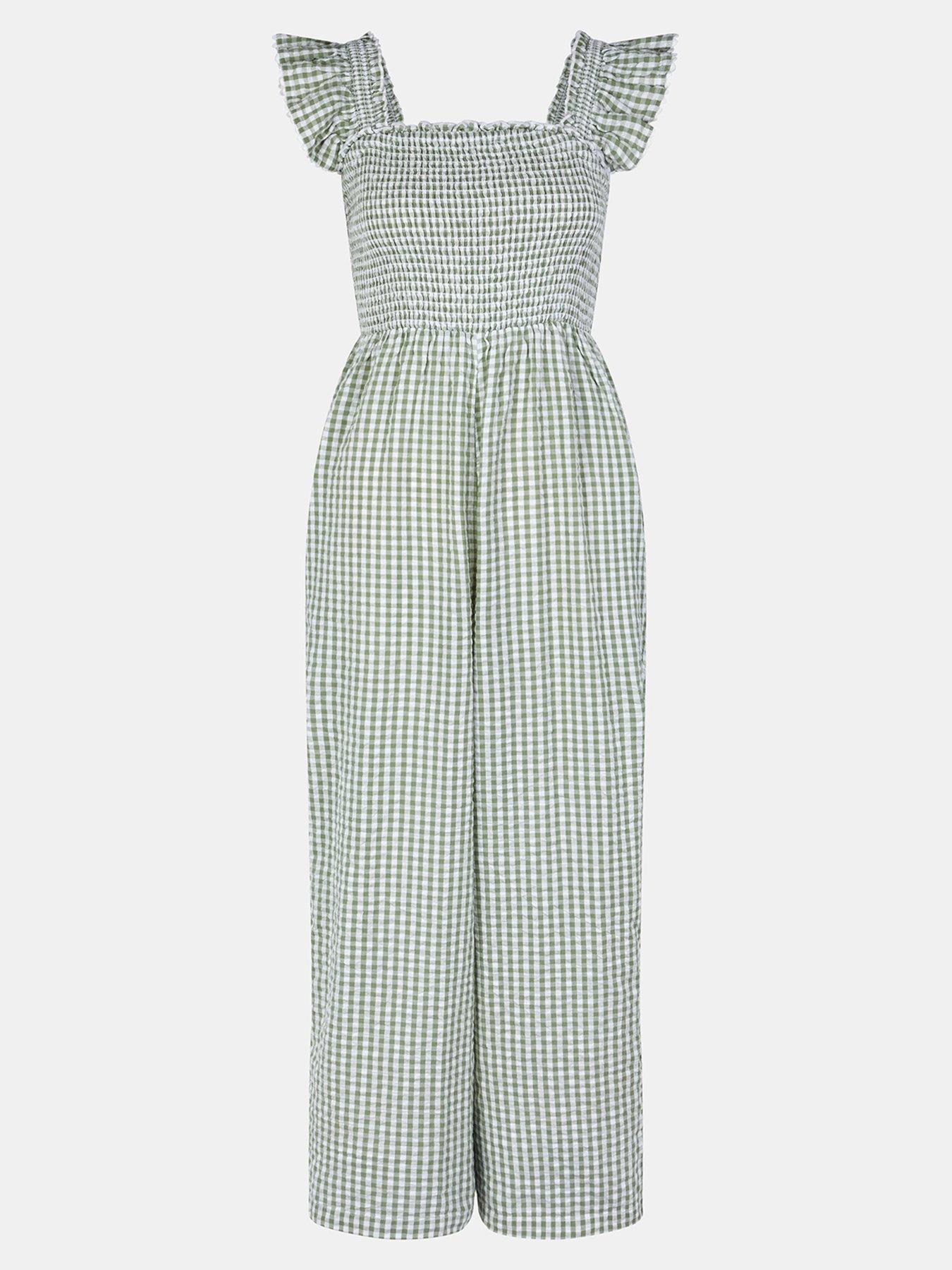  image of accessorize-gingham-print-frill-jumpsuit-green
