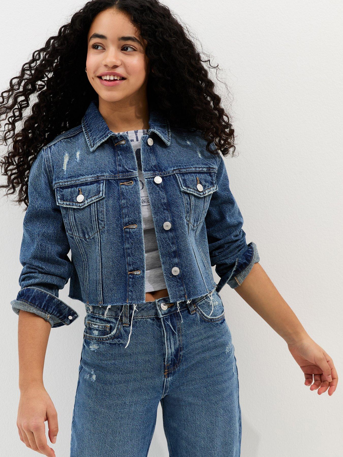 New Look 915 Girls Distressed Cropped Denim Jacket - Blue