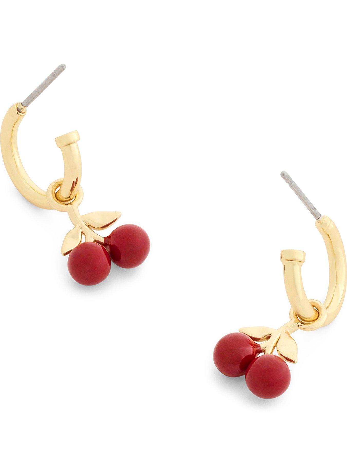 front image of coach-enamel-cherry-huggie-earrings-red