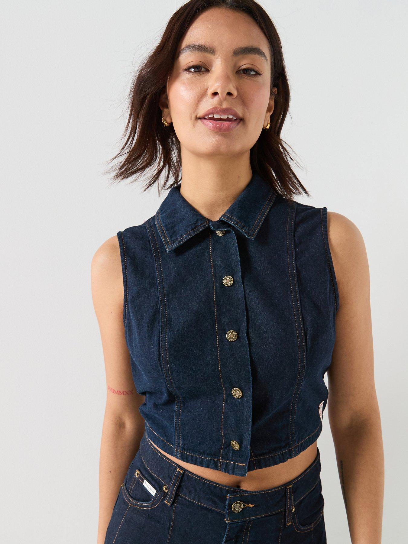 Guess Jeans Gj Cropped Button Through Top - Blue