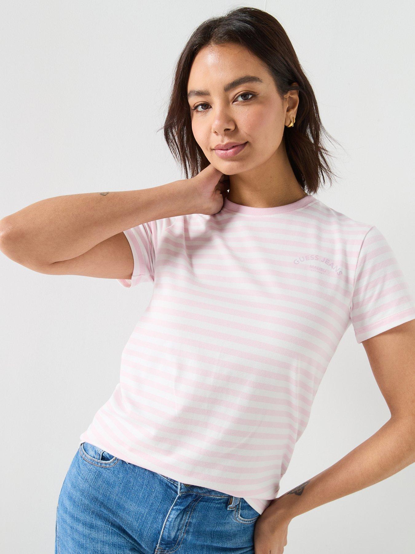 Guess Jeans Short Sleeve Striped T-Shirt - Pink