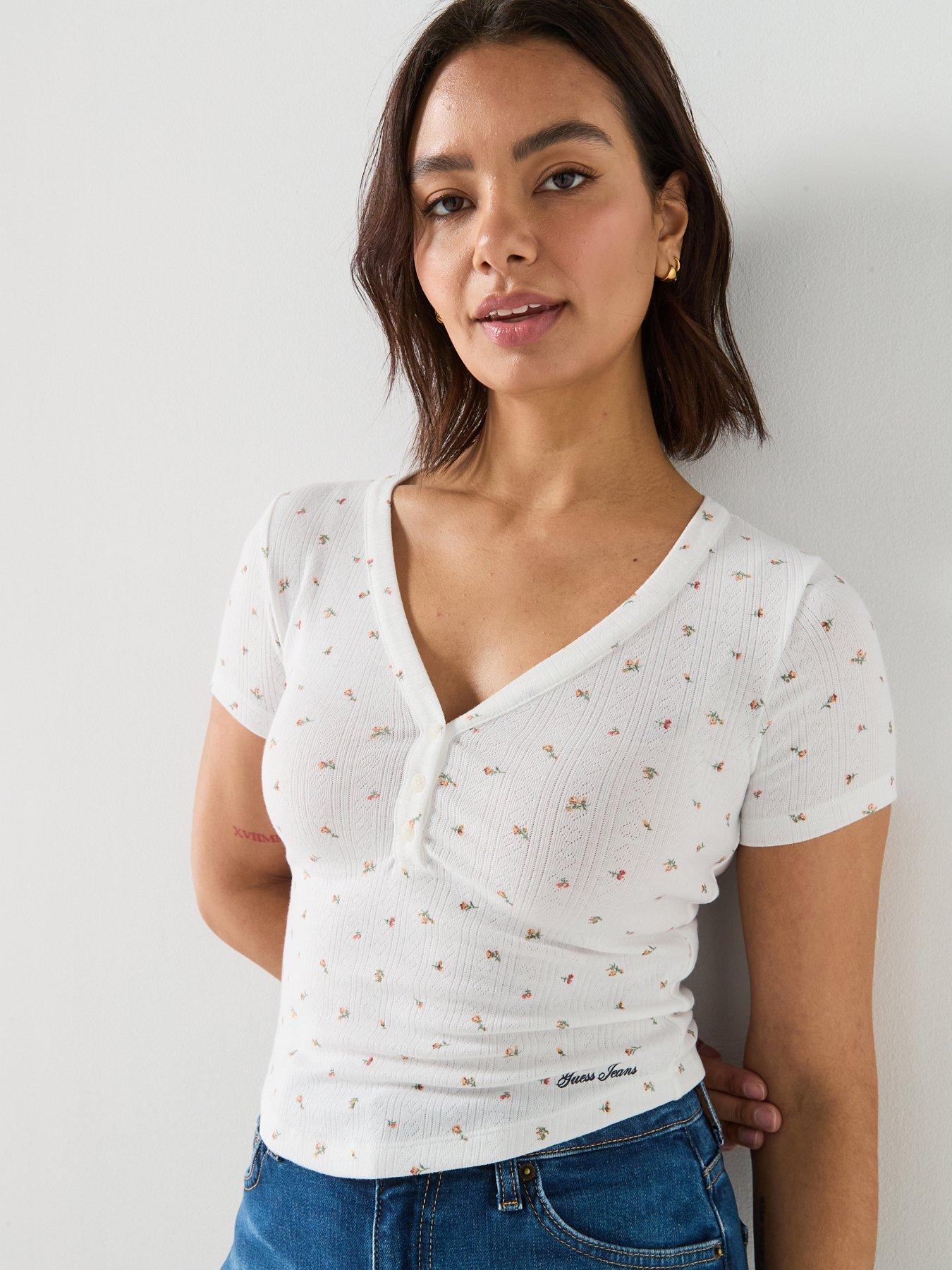 Guess Jeans GJ Pointelle Short Sleeve Henley Top - White
