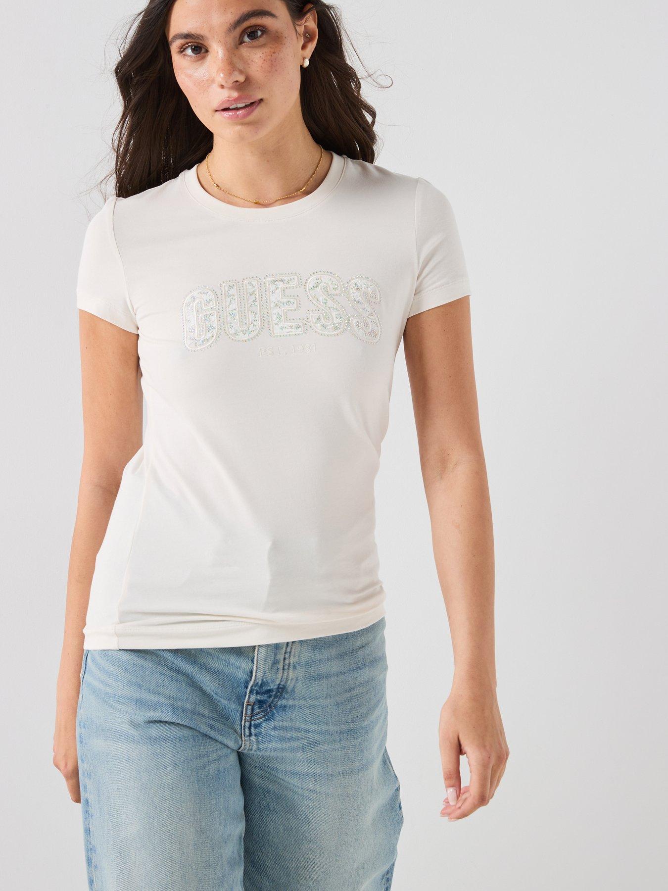 Image 1 of 6 of Guess Cn Short Sleeve Logo Lace T-Shirt - White